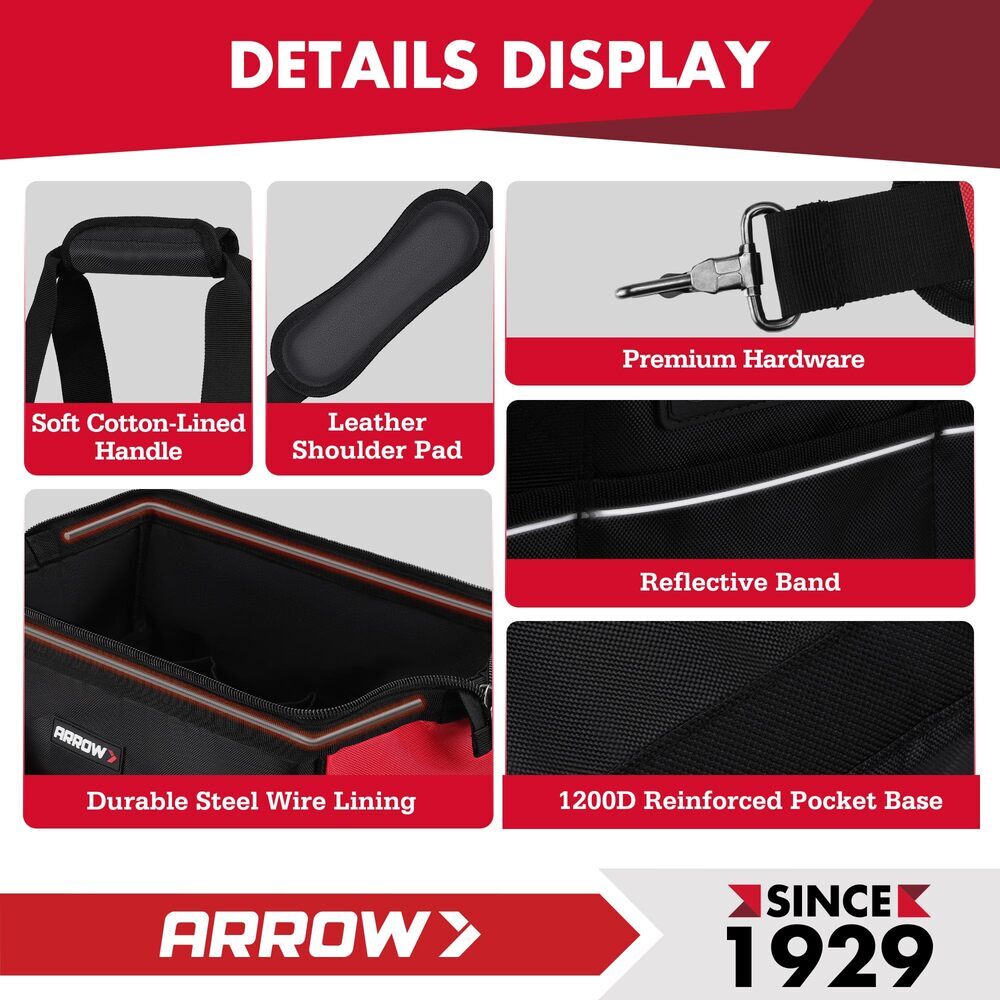 ARROW 14″ Heavy Duty Tool Bag with Anti-Slip Feet Tool 840D Oxford Fabric New