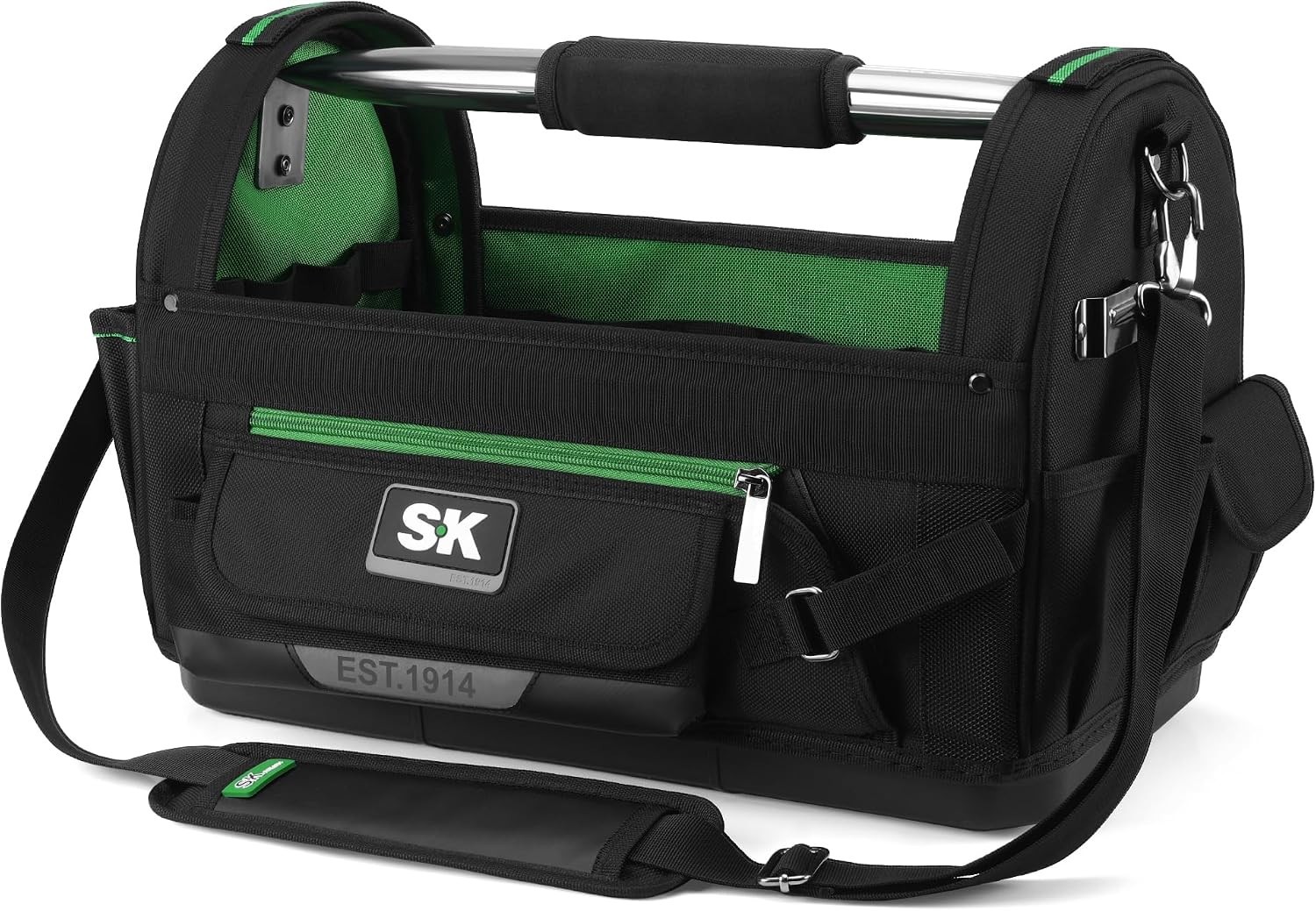 SK 18-In Open Top Tool Tote, 1680D Fabric, Waterproof Hard Base, Strap & Handle