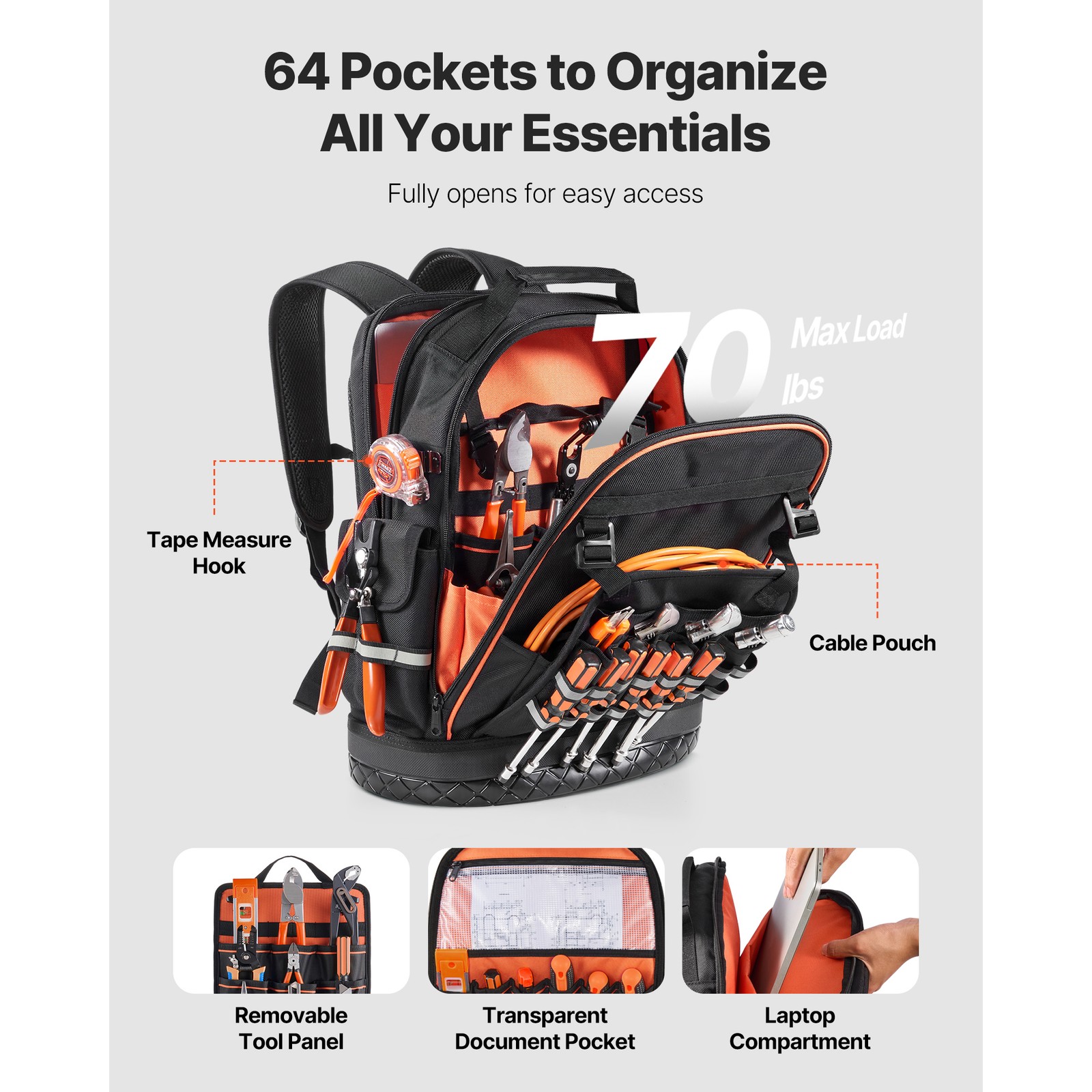 Uimoso Tool Backpack with 64Pockets,Durable Design for Electricians and JobSites