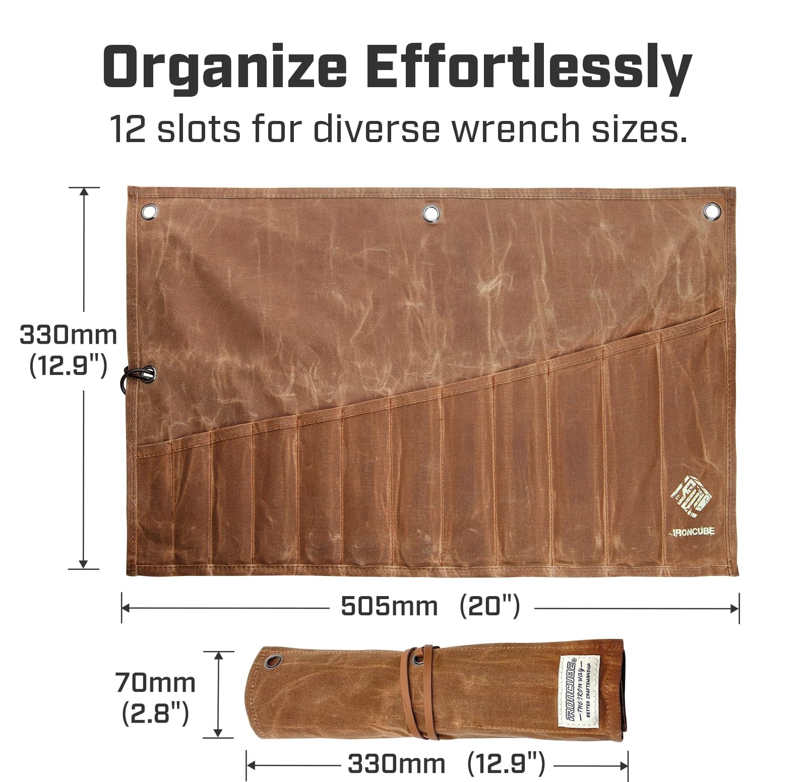 IRONCUBE Tool Pouch, 12 Pockets Wax Canvas Weatherproof Roll-Up Storage Brown