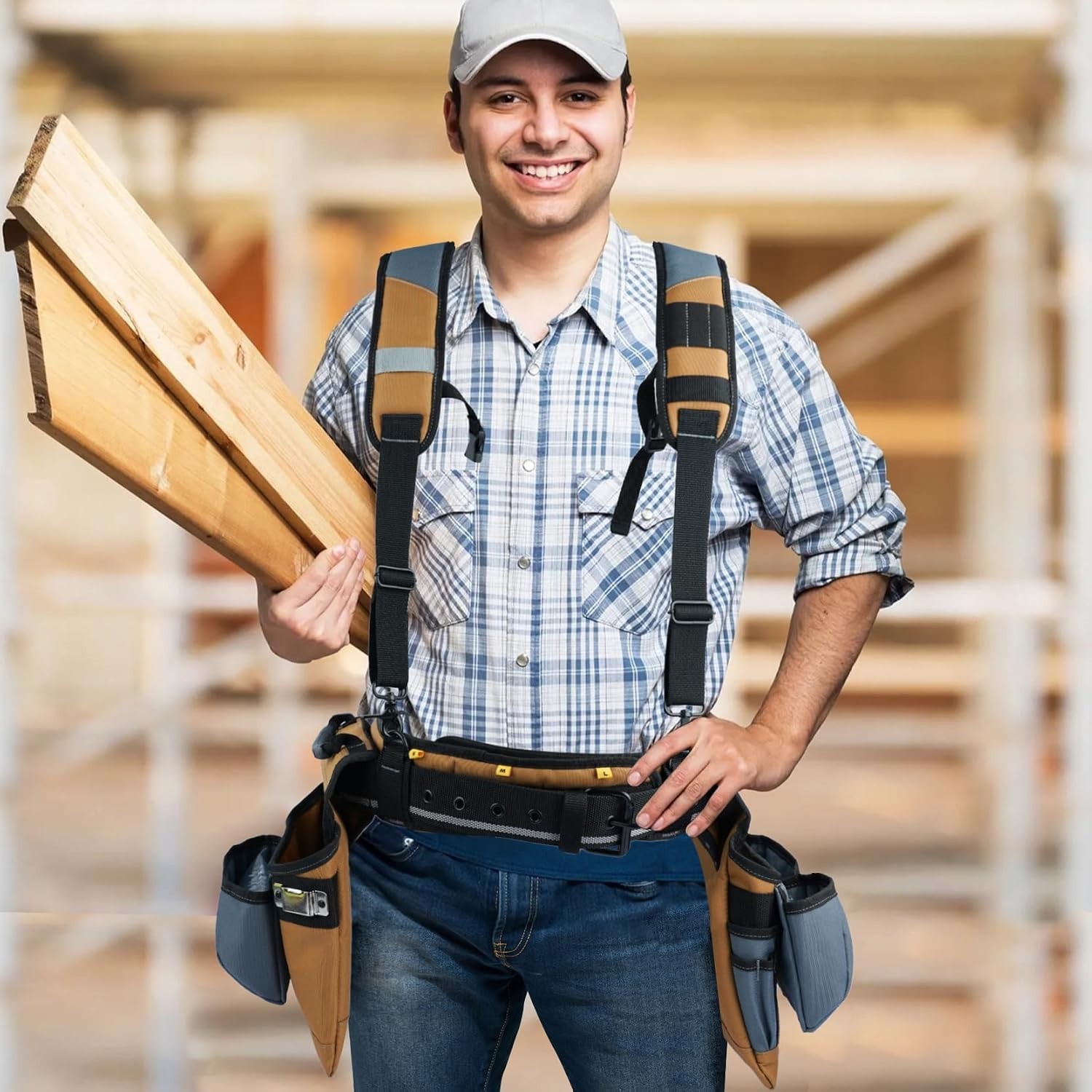 Durable Adjustable Carpenter Tool Rig – Khaki Belt with 6 Pockets (Up to 50 in)