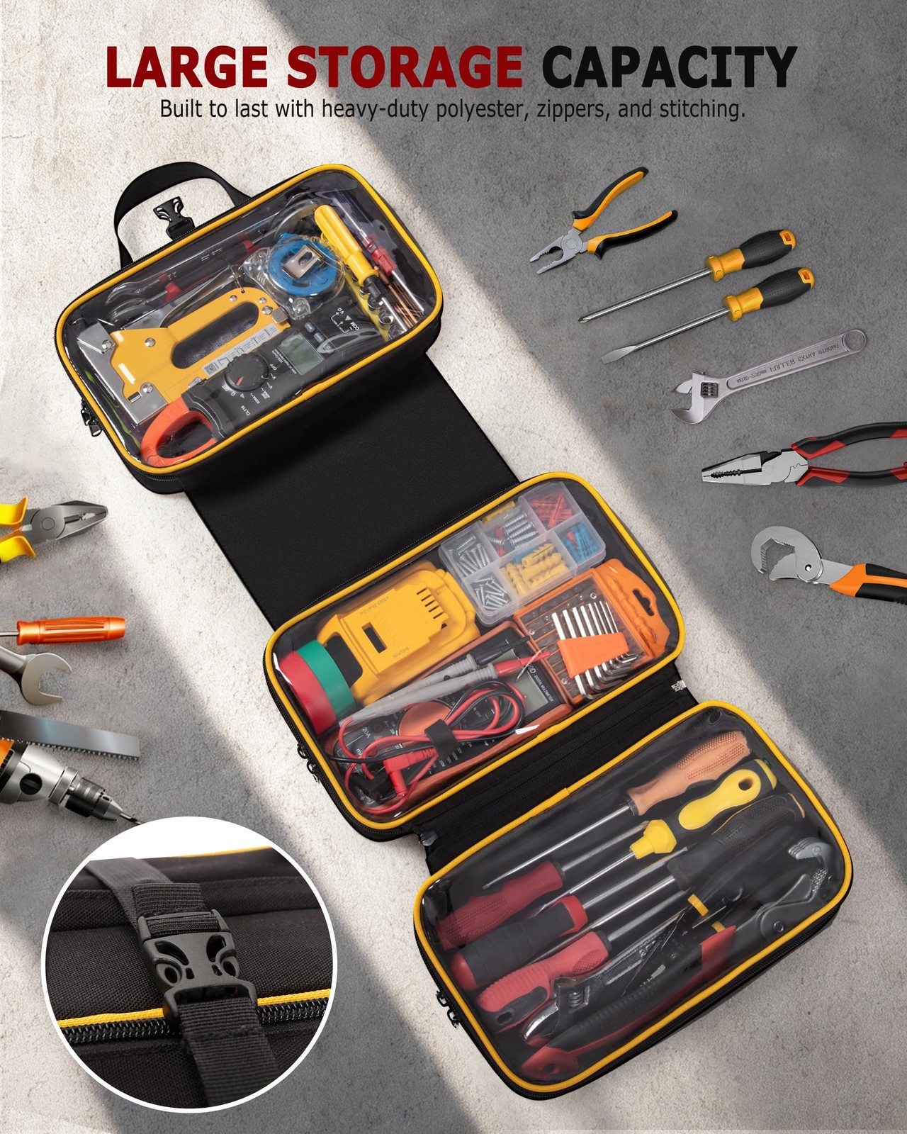 Roll Up Tool Bag with 3 Clear Window Cases (One Detachable), Tri-fold Tool Bag O
