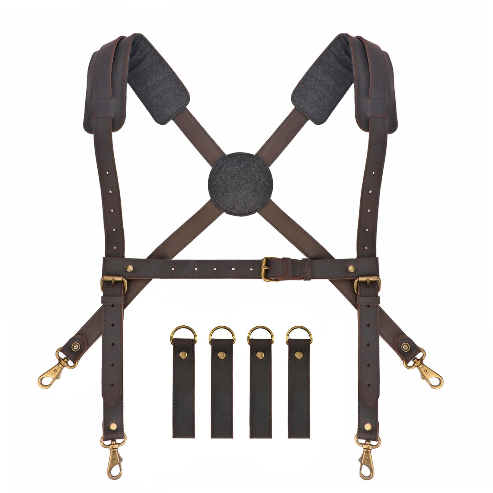 Leather Tool Belt with Suspenders, Padded Electrician Carpenter Work Belt
