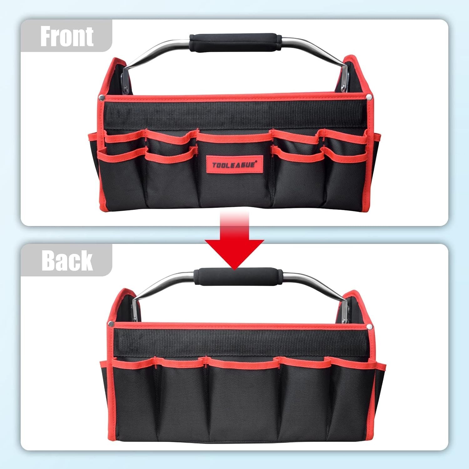 16″ Open Top Tool Tote Bag 25 Pockets Tool Caddy for Electricians Steel Handle