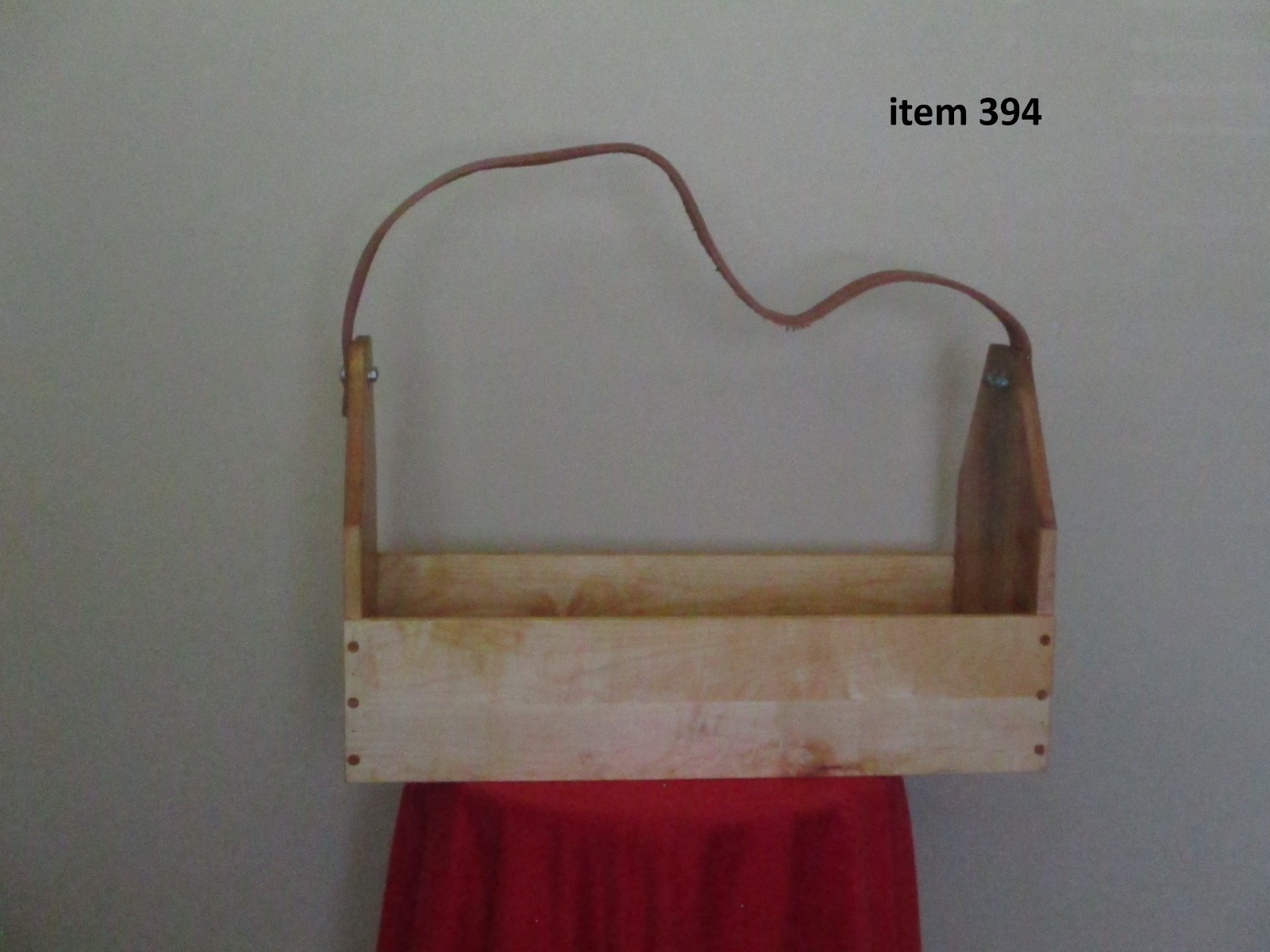 antique looking wooden open top tool tote, 15oz leather strap, 26″ x 13″ x 15″