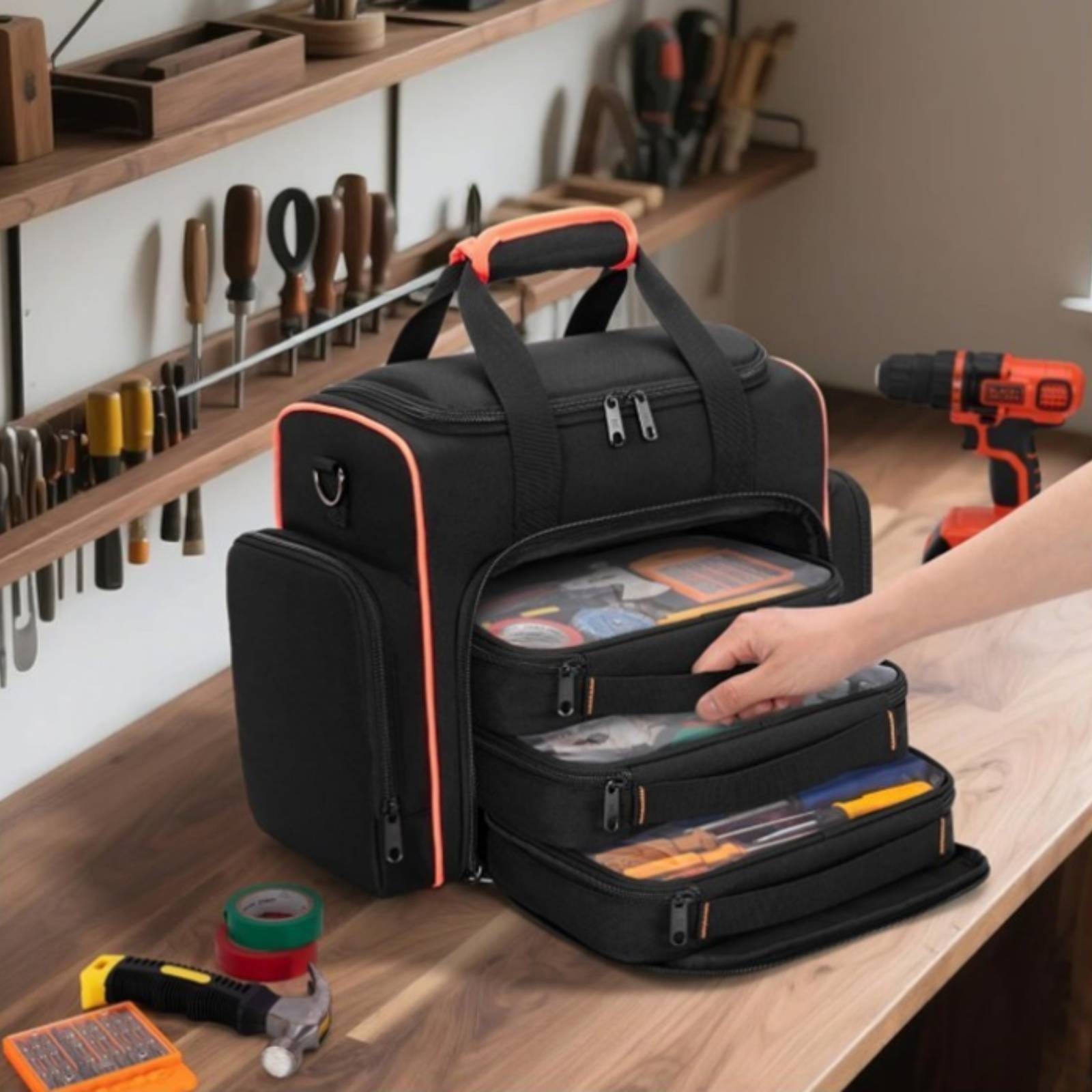 Electrician Tool Bag Tangerine-Accented Three-Piece for Work Location