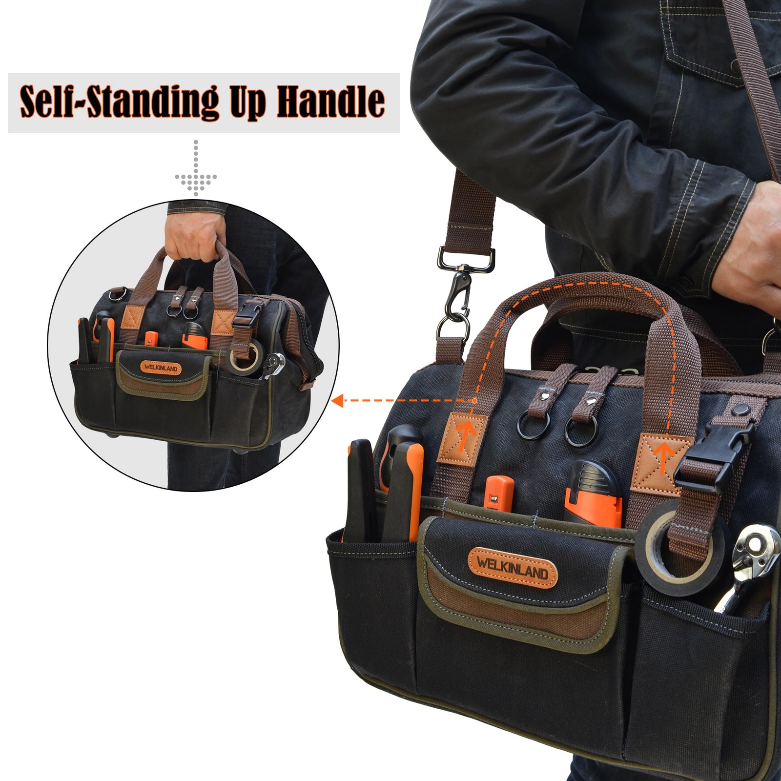 WELKINLAND 30-Pockets Canvas tool bag, 14-Inch(Max. 20L), Black/Brown/Olive