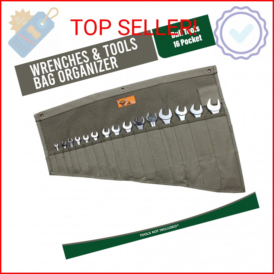 BULL TOOLS Wrench Roll, 16 Pocket Tool Pouch, Tool Bag Wrench Organizer Metric &