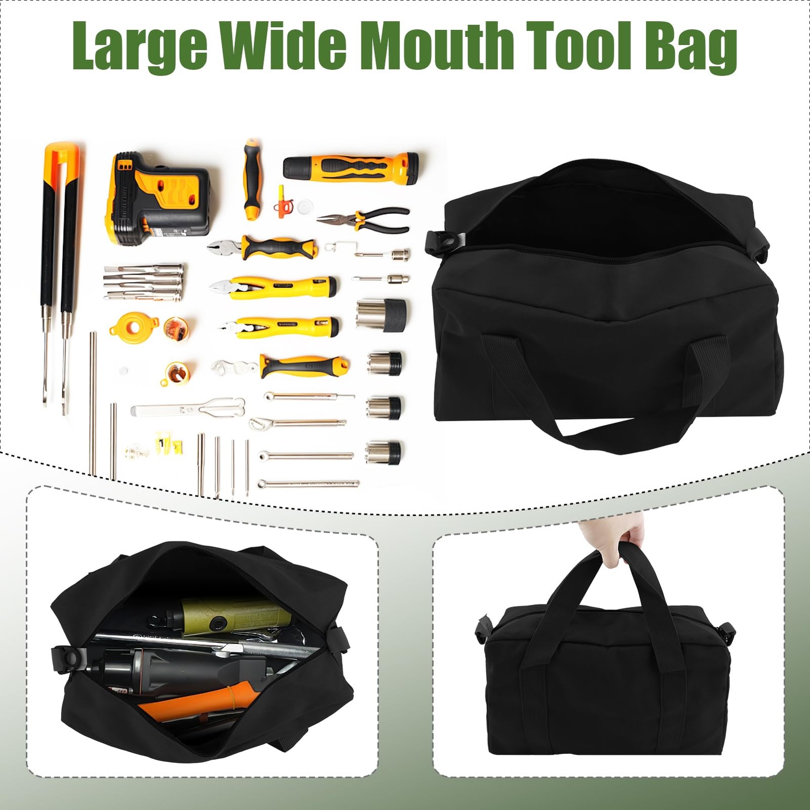 Small Tool Bag, Close Top Wide Mouth Organizer Large 12 Inch, black