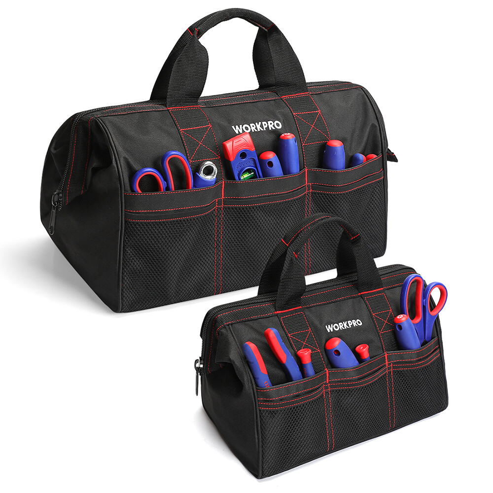 WORKPRO 2 Piece 13″ 18″ TOOL BAG Wide Mouth Heavy Duty Tote Storage with Zipper