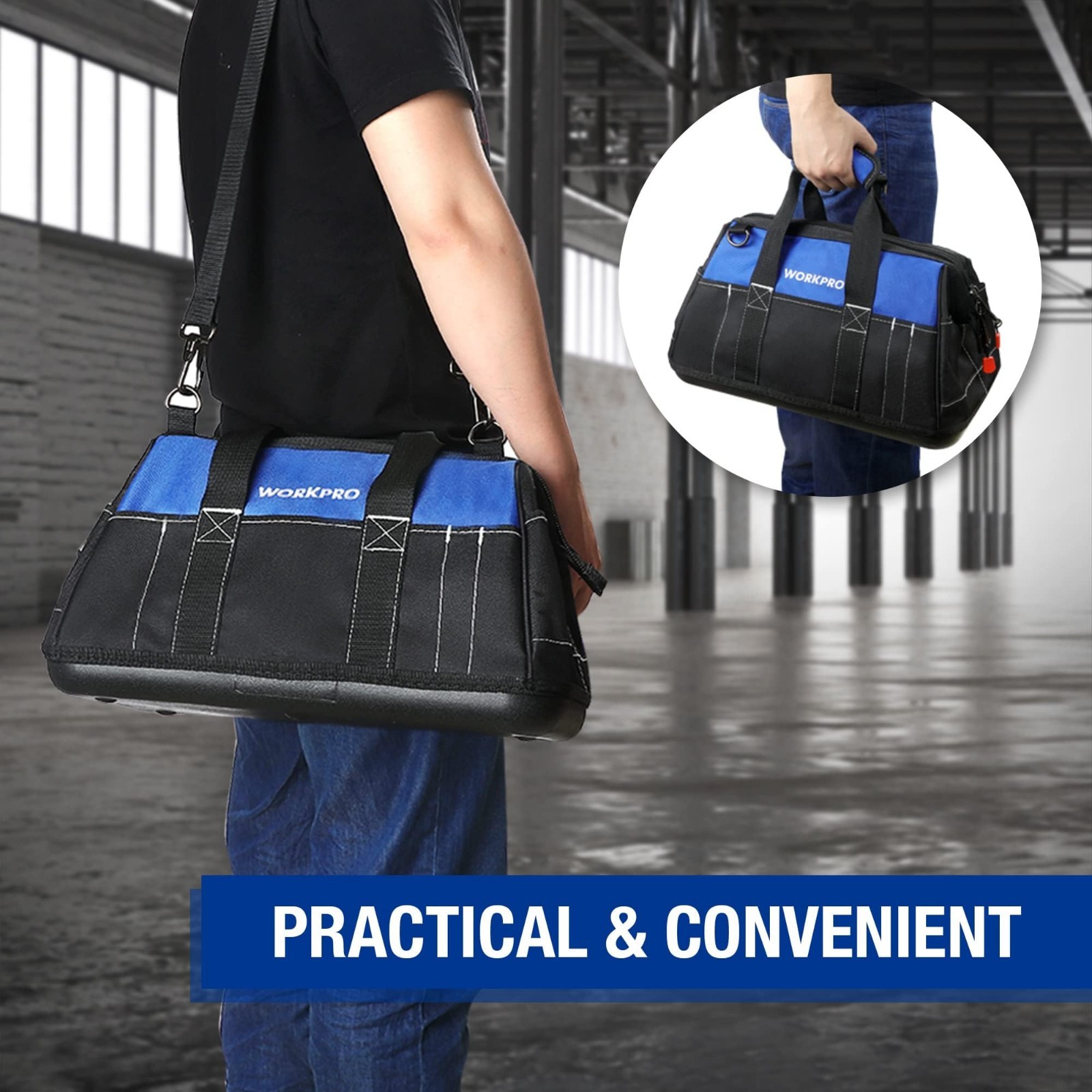 16″ Wide Mouth Tool Bag with Waterproof Base | Multi-Pocket, Heavy Duty, Adjusta