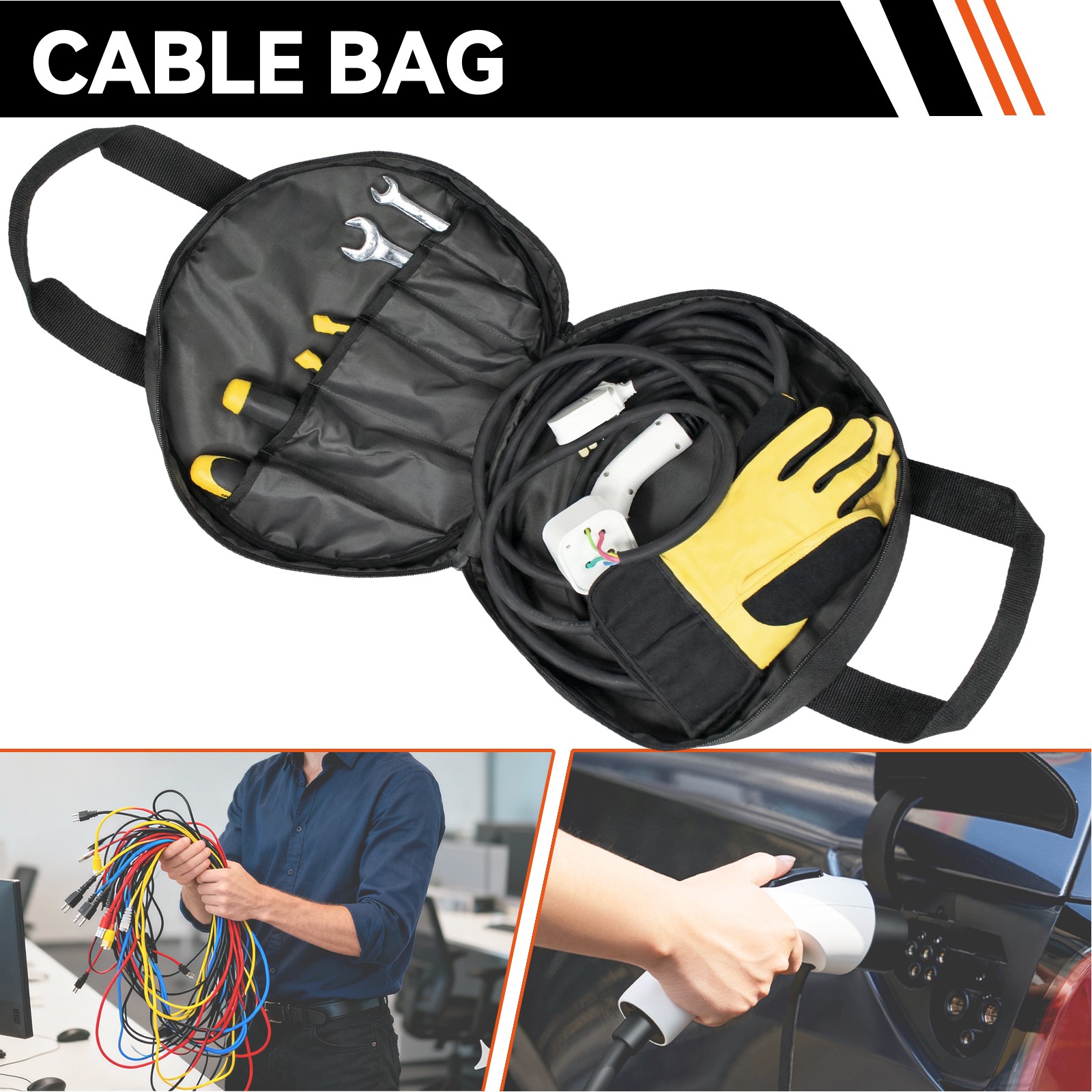 14″ Cable Bag Pocket EV Charger PLUG-IN Storage Car Jumper Power Cord Hose Tool