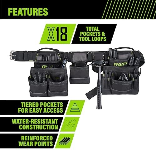 Tool Belt 18 Pockets Padded Shoulder Waist Straps 600D Polyester Black Heavy