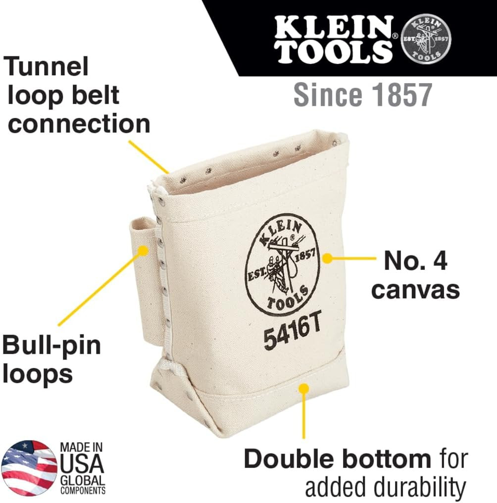 Klein Tools 5416T Tool Bag, Bull-Pin and Bolt Pouch, No. 4 Canvas with Tunnel