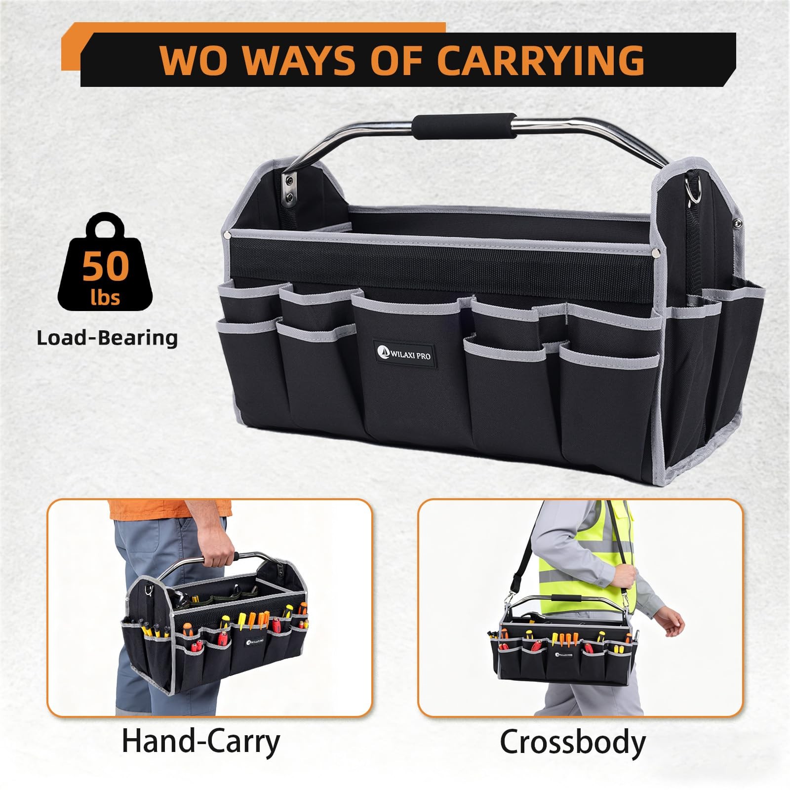 20 In Foldable Open Top Tool Bag Carrier Tote Handle 22 Pockets Grey
