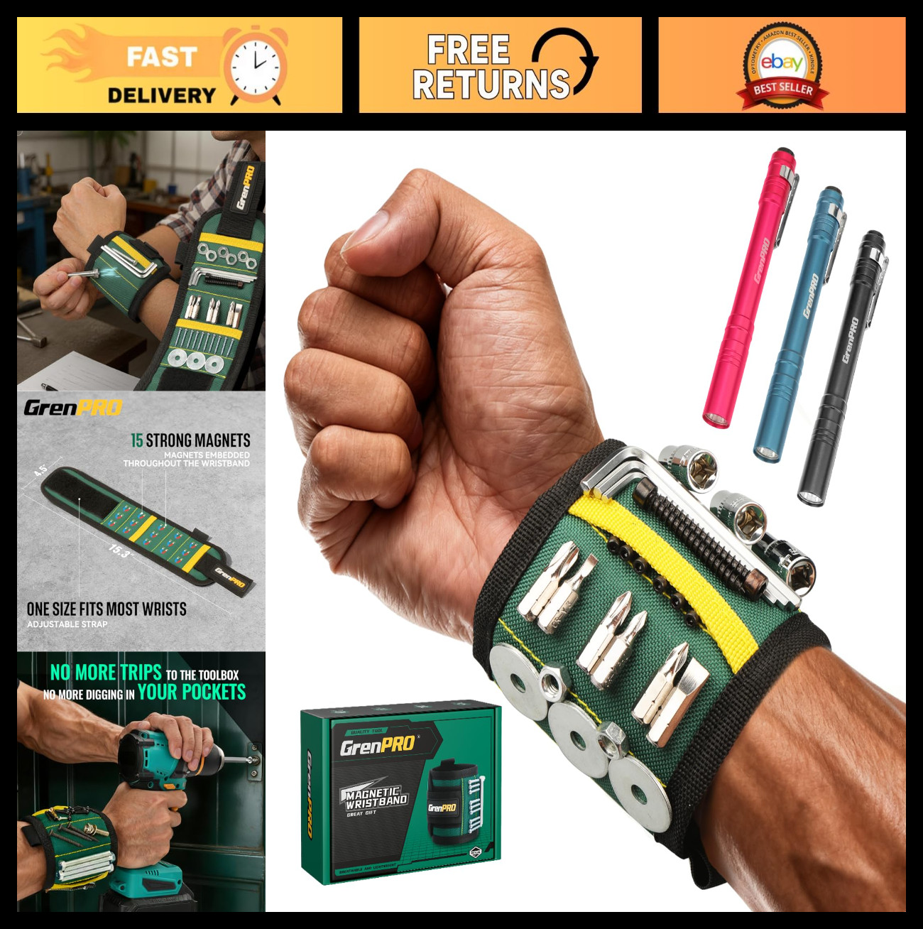 Magnetic Tool Wristband with 3 LED Lights, Heavy Duty Oxford Belt for Screws & N