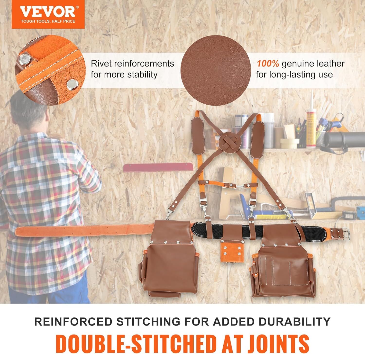 VEVOR Genuine Leather Professional Tool Belt Suspenders, 29-54” Adjustable, 19 P