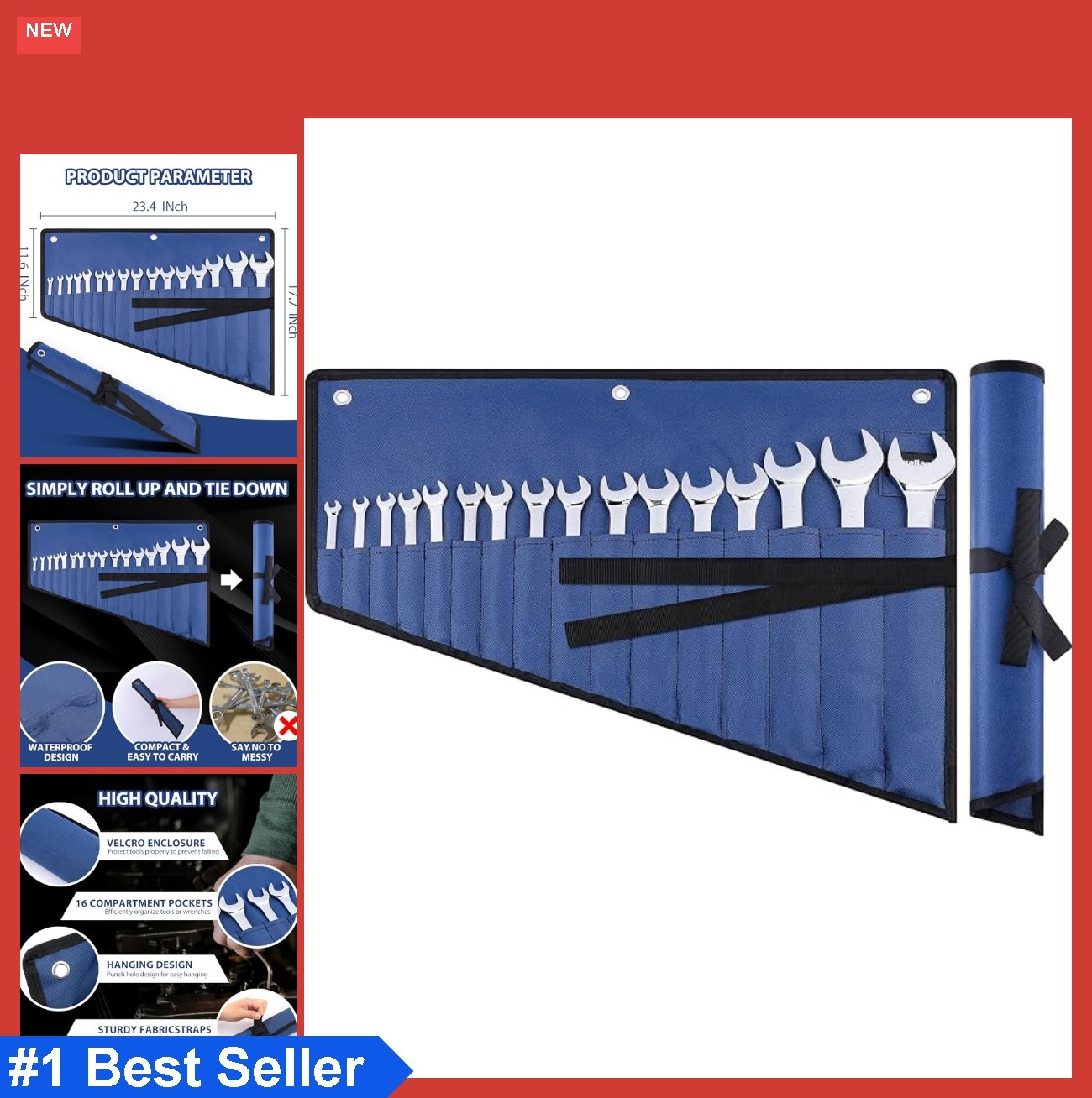 Wrench Roll Organizer 16 Pockets Waterproof 600D Oxford Fabric Tool Bag