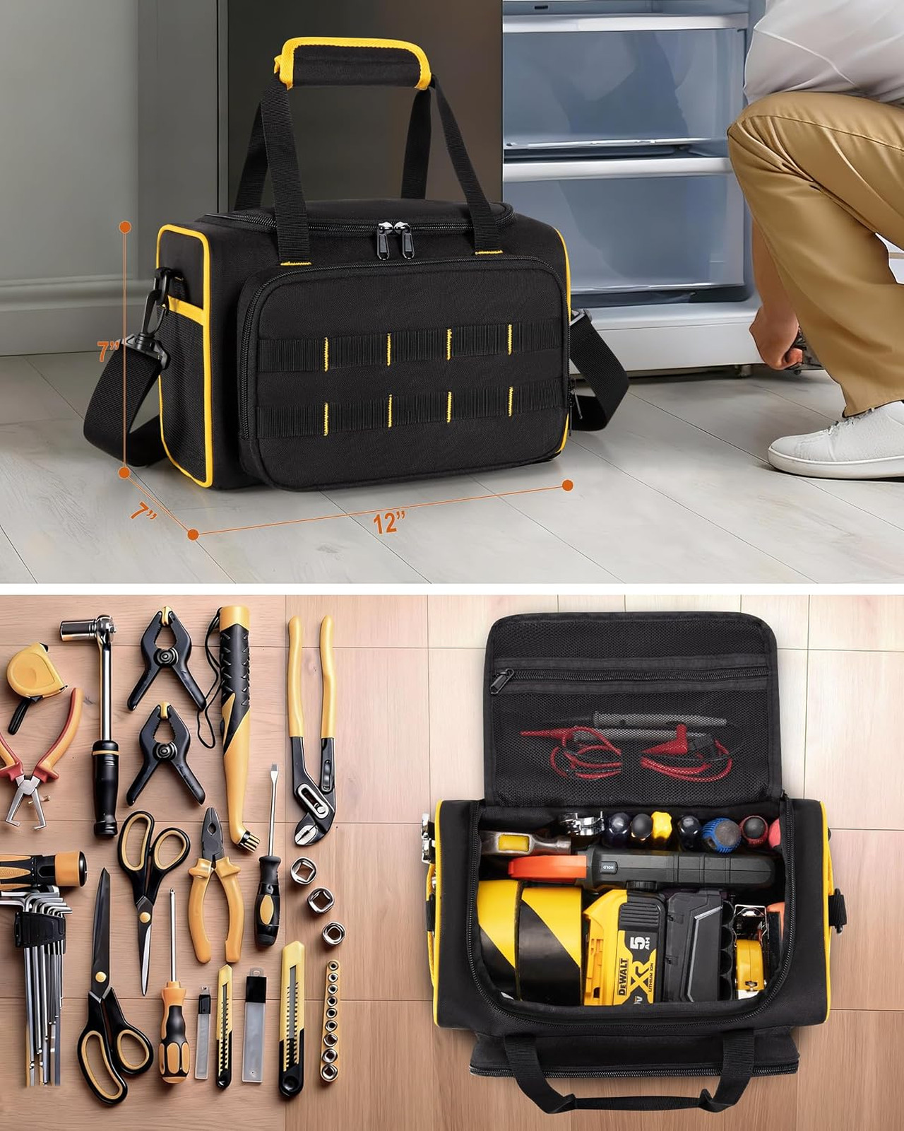 Tool Bag Heavy Duty 600D Polyester 12 Inch with Multiple Pockets Molle Straps