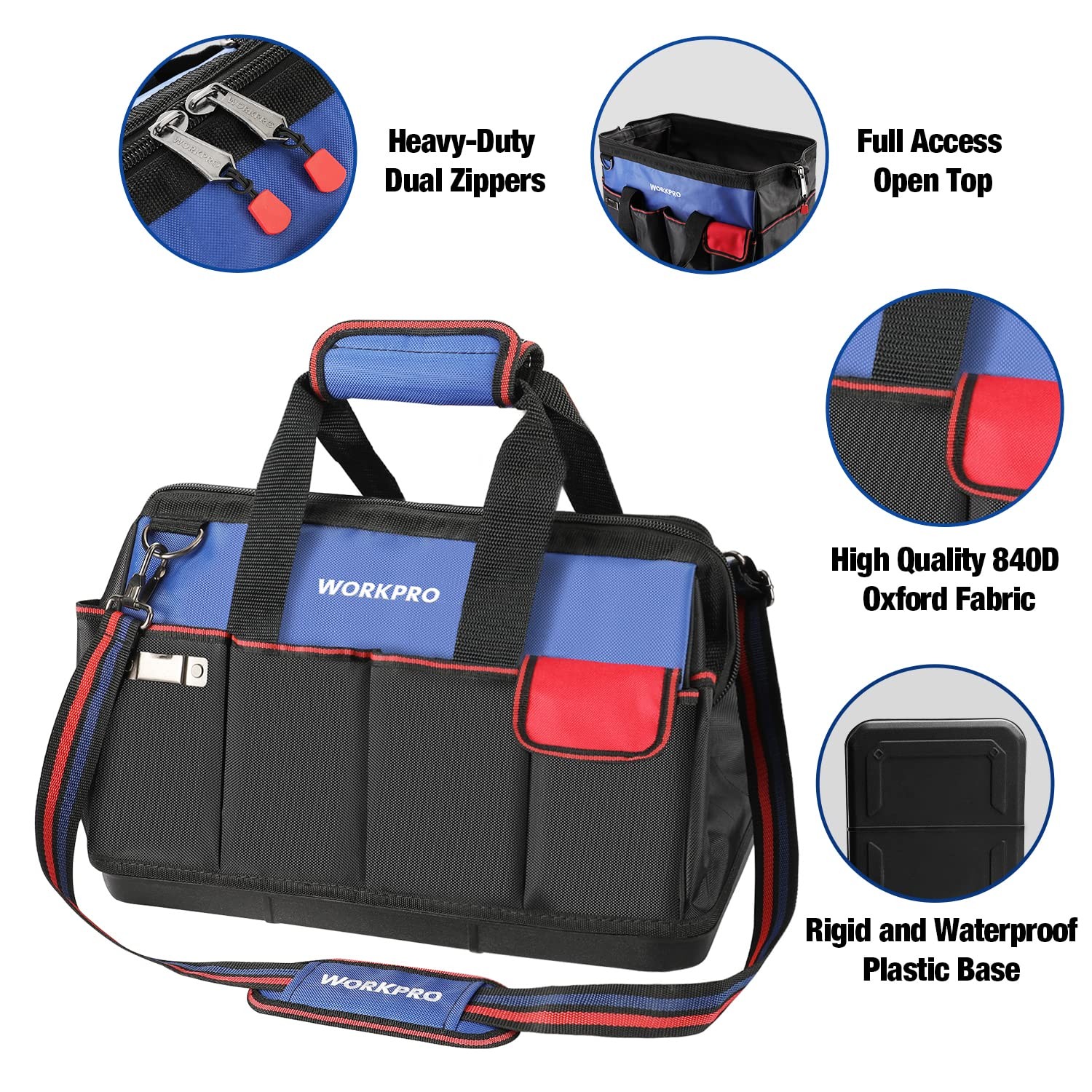 Waterproof 18 Inch Workpro Tool Bag Open Top Heavy Duty Tool Storage with