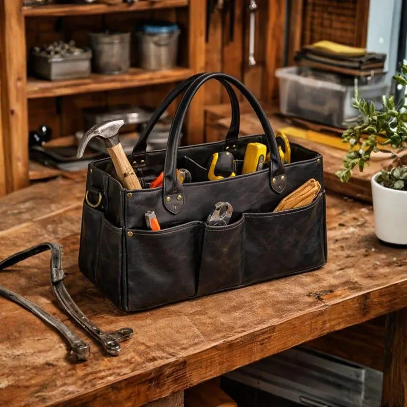 Leather Tool Bag Heavy Duty Tool Tote Electrician Carpenter Organizer Brown
