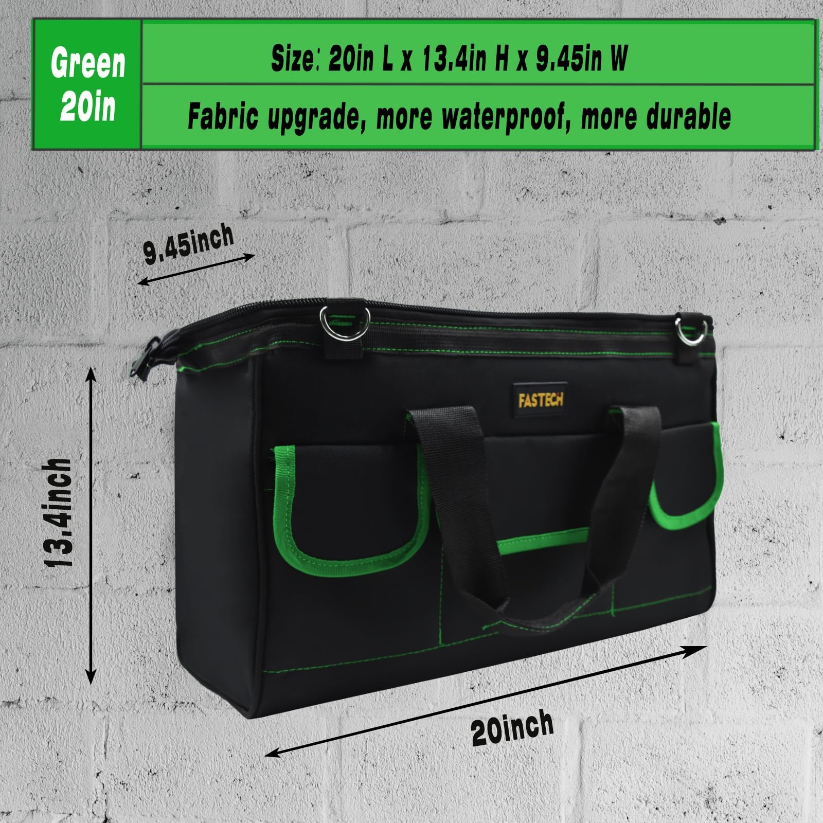 FASTECH 20 Inch Tool Bag With Comfortable Shoulder Straps, 20IN, Green