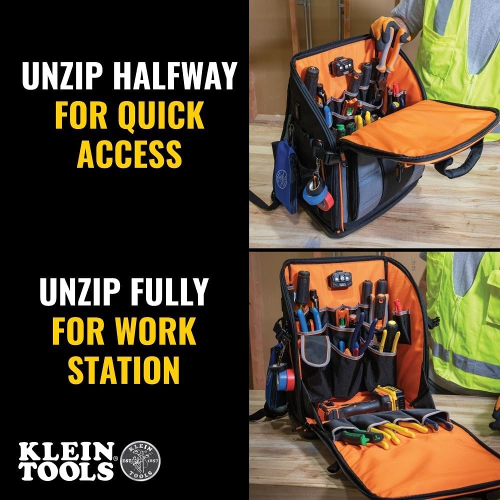 Klein Tools 62482 Tool Backpack,Tool-Station Pro Heavy-Duty Organizer 27 Pockets