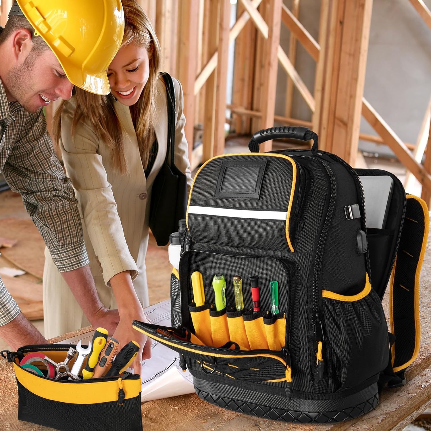 Tool Backpack with Hard Bottom and a Tool Pouch, Heavy Duty Tool Bag