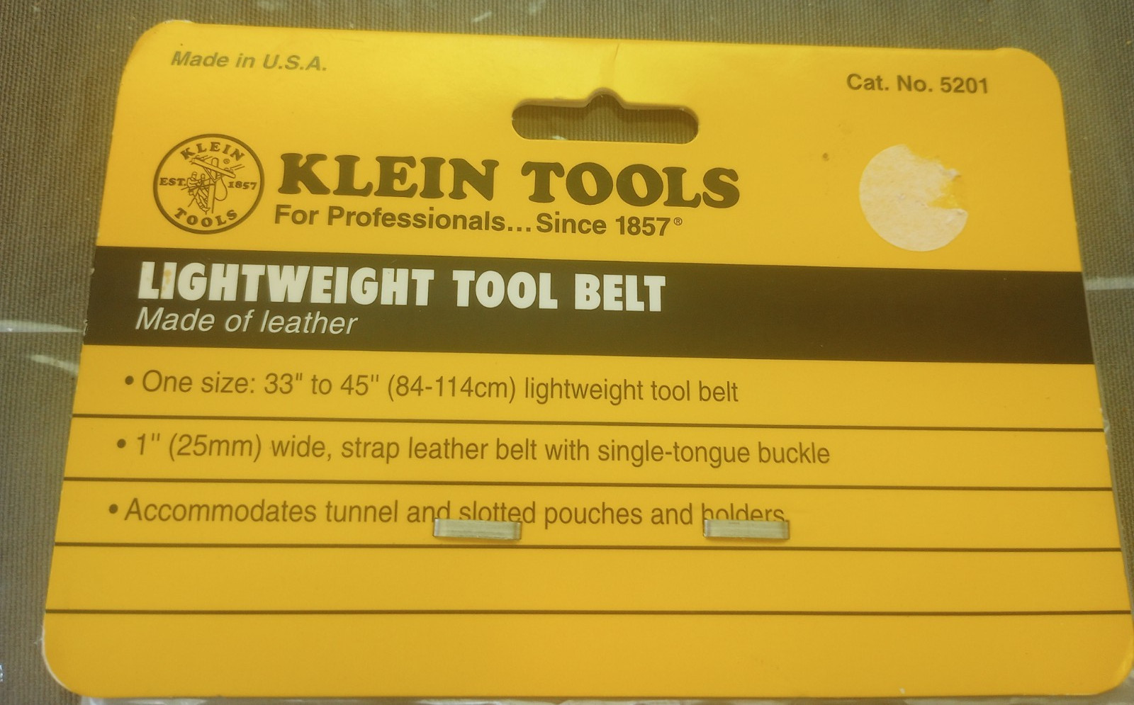 Klein Tools. No. 5201 Tool Belt, Lightweight Leather Work Belt. Size 33” – 45”