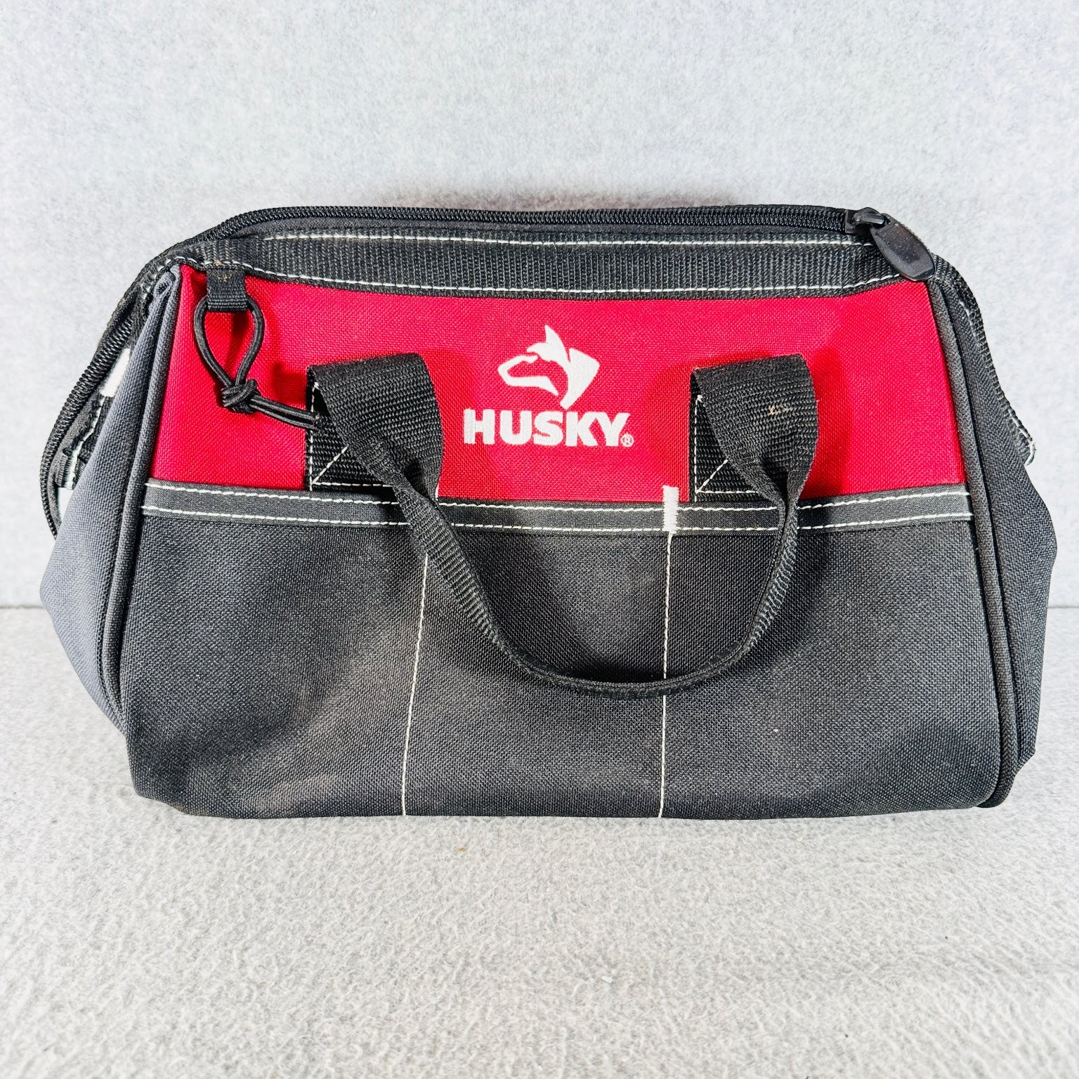 Husky Tool Bag w Handles Red Black Zippered Organizer 004N11 12 in Wide