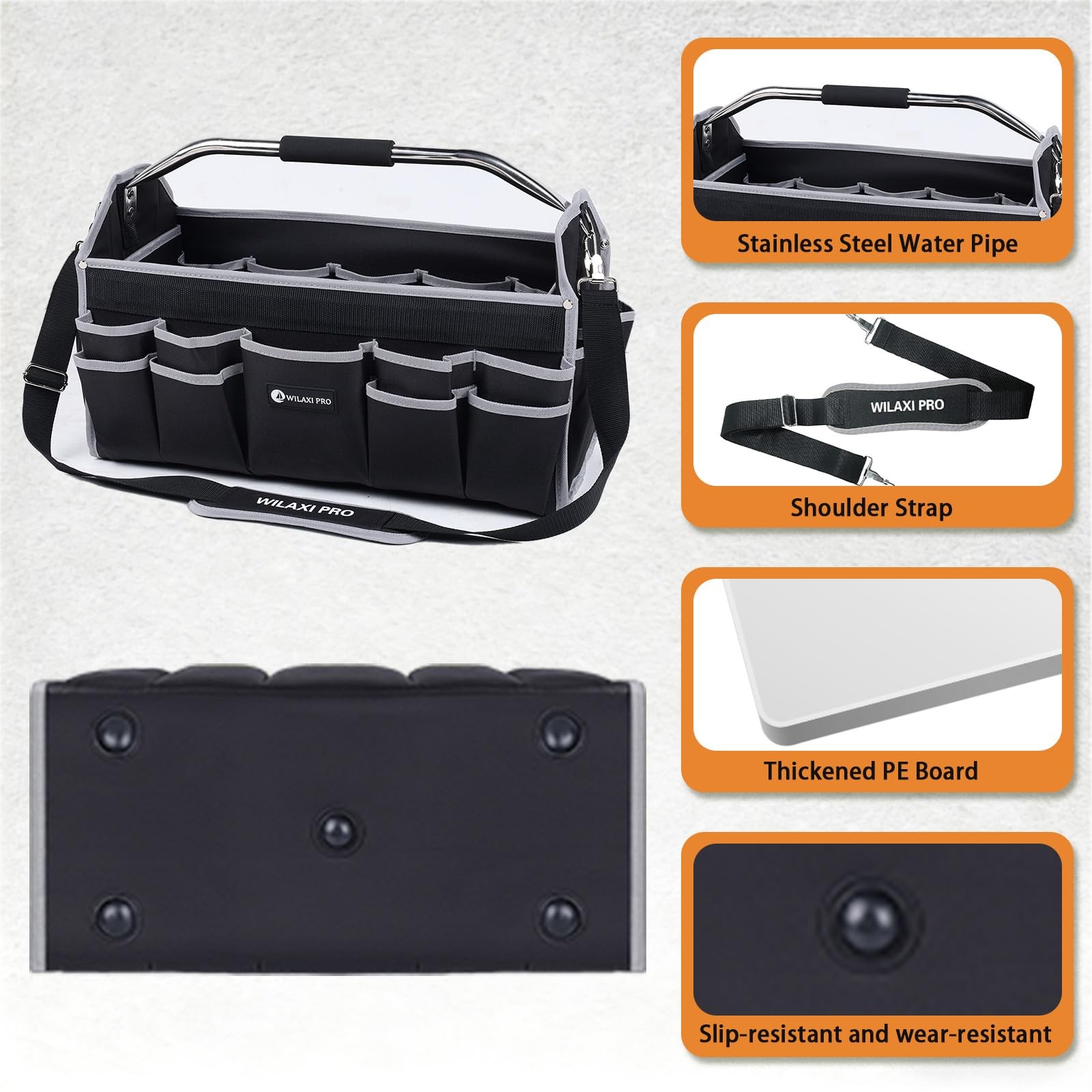 20 In Foldable Open Top Tool Bag Carrier Tote Handle 22 Pockets Grey