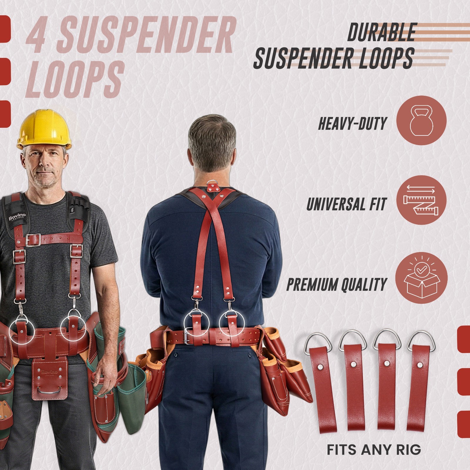 Bovino Leather Tool Belt Suspender, Adjustable Padded Strap, Quick-Release Clips