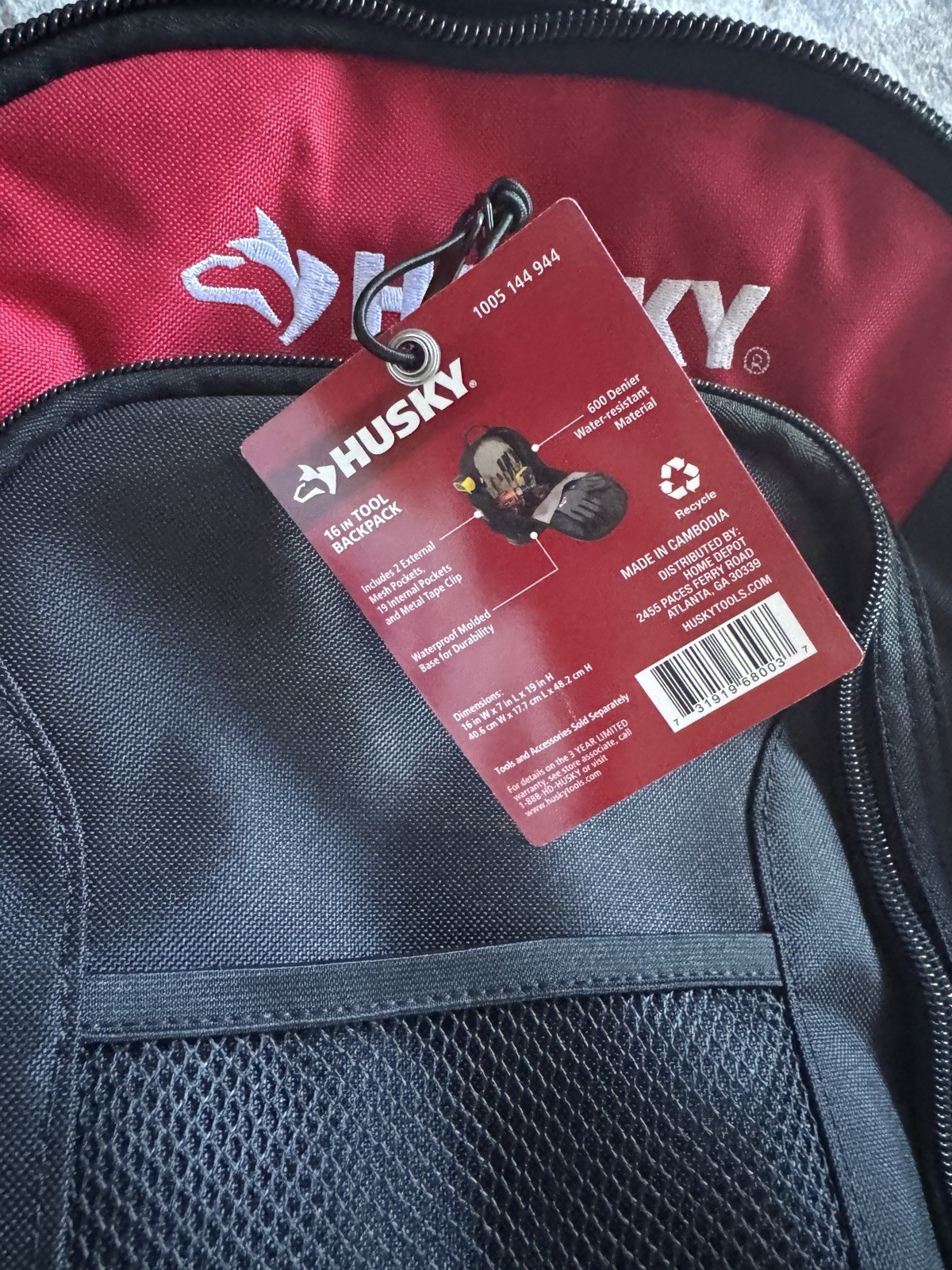 Husky 16 in Tool Backpack Black/Red 600D 21 Pockets Waterproof Molded Base