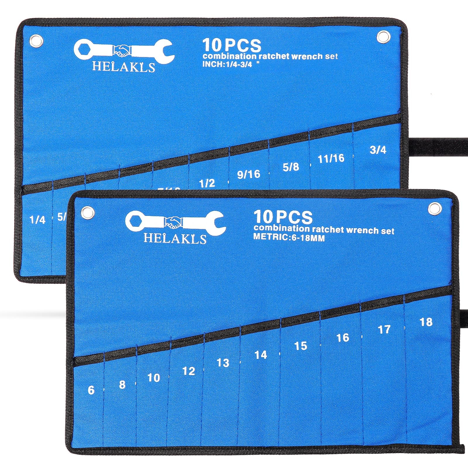 HELAKLS 2 Pieces Wrench Tool Roll Up Pouch (10 Pockets SAE+ 10 Blue