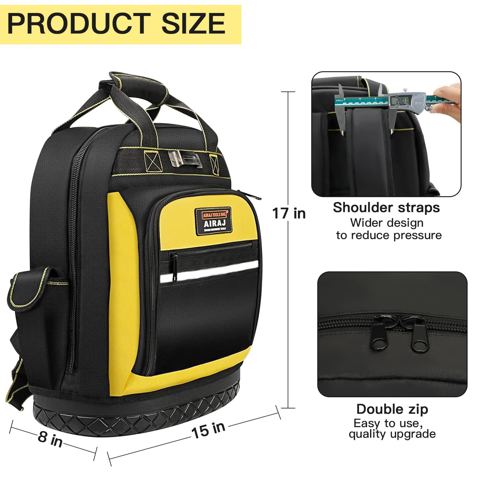 17 Inch Heavy Duty Tool Backpack Waterproof Molded Base Black/Yellow Work