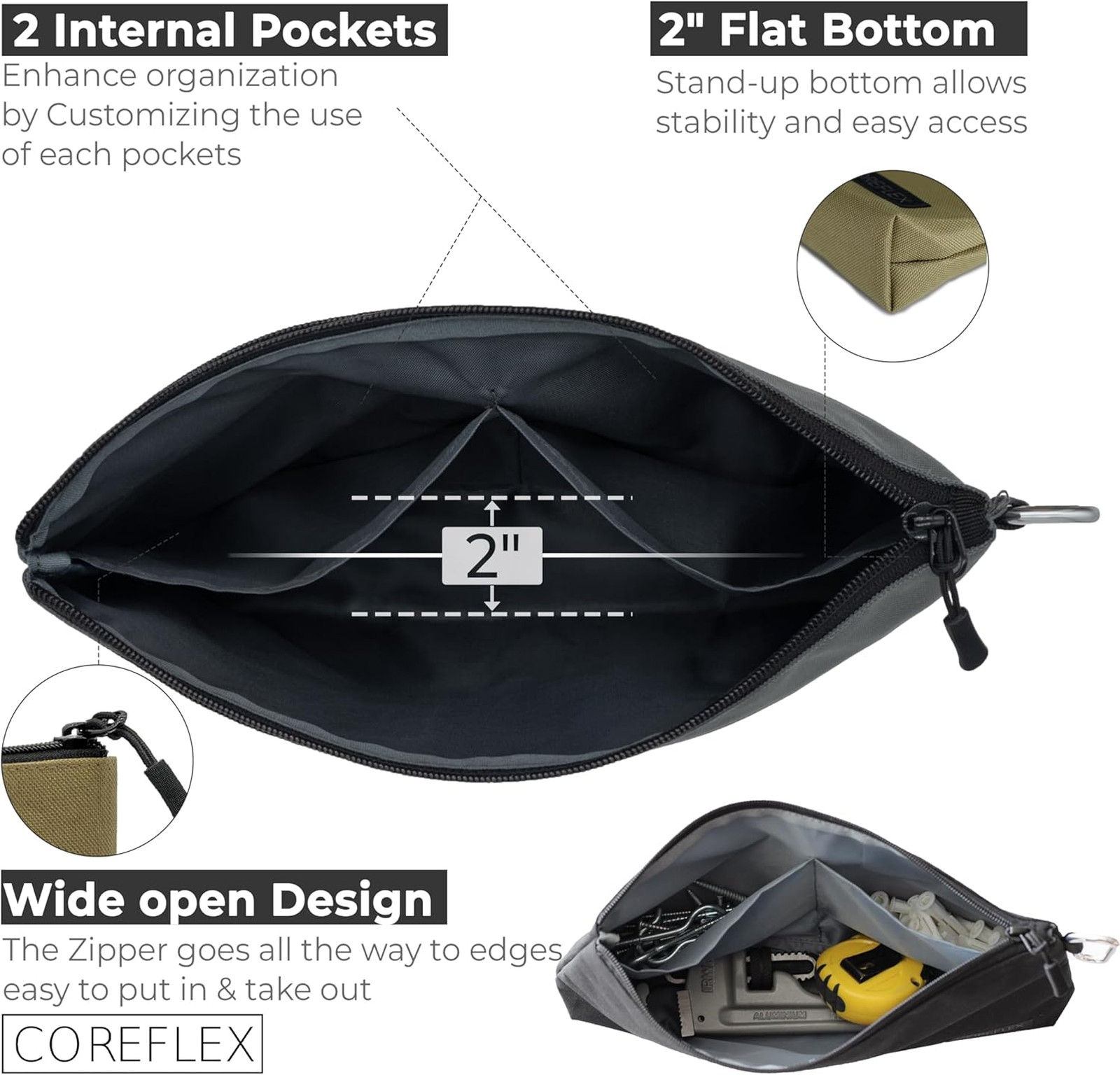 2 Pack Tool Pouch Zipper Bag with Internal Pockets 12 Inch Canvas Storage