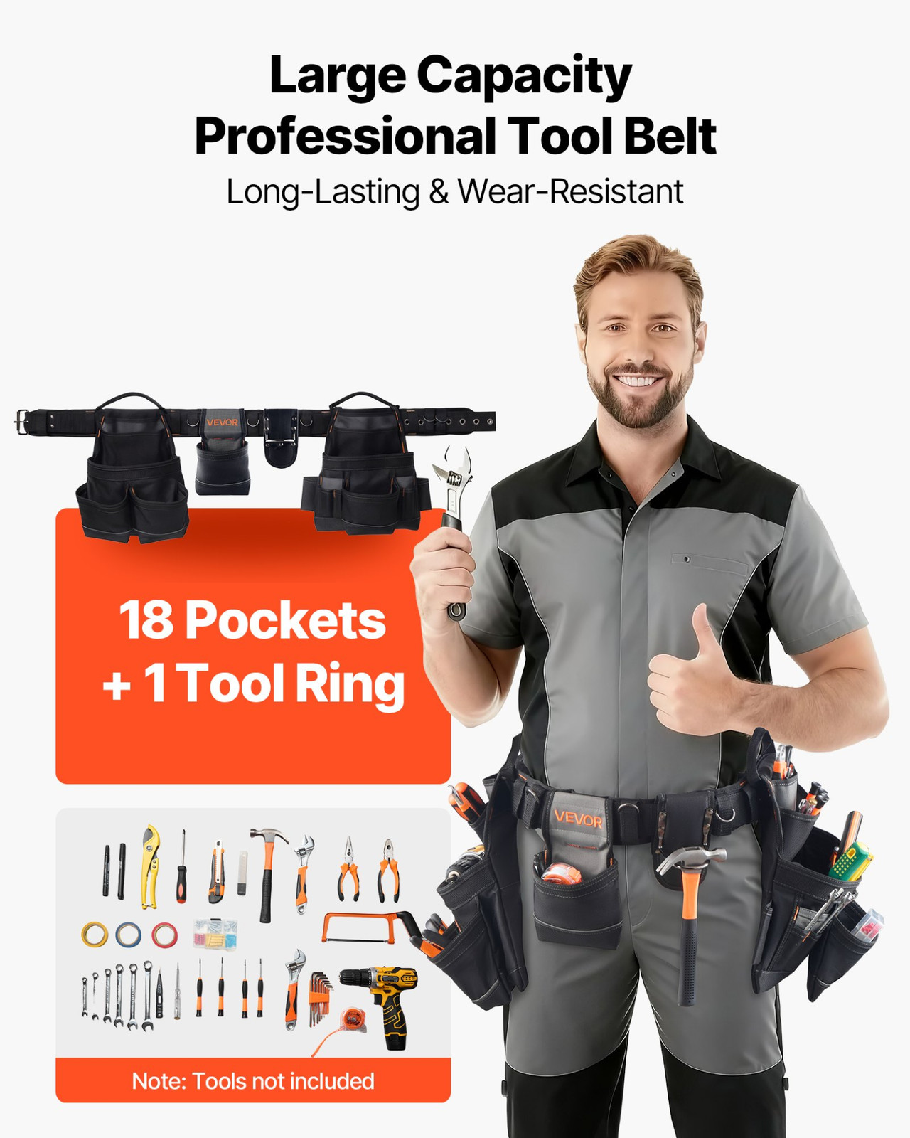 VEVOR Professional Tool Belt with 18-Pocket Detachable Pouch – Heavy Duty