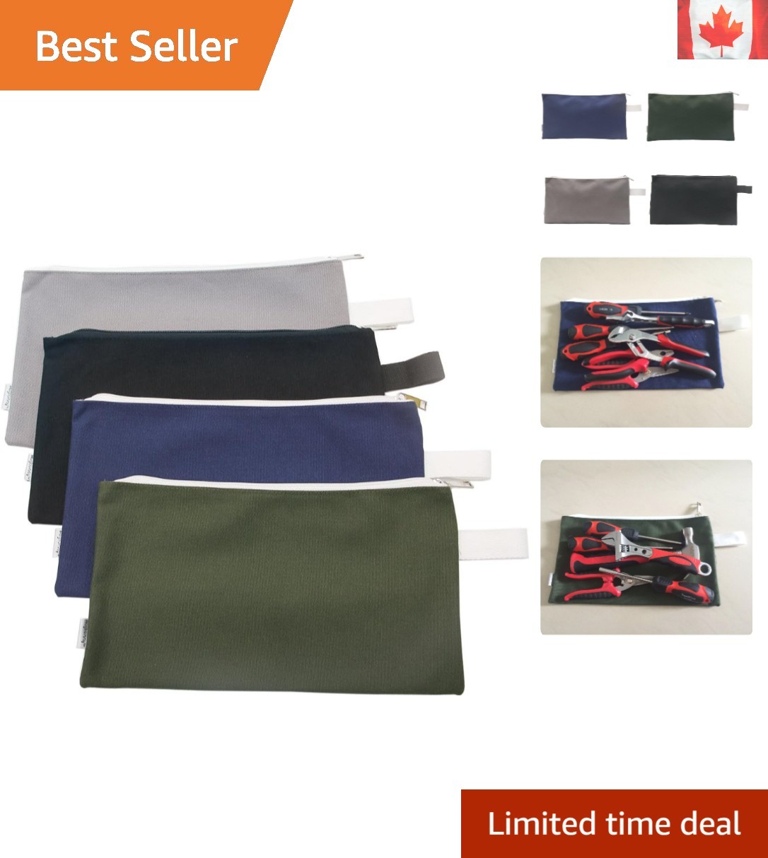 Durable Canvas Tool Organizer Bags – 4-Pack, Secure Zipper Closure, 9.5″x7″