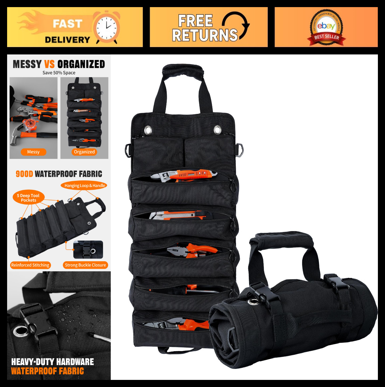 Heavy Duty Portable Tool Bag – Foldable Roll Up Organizer with 5 Compartments &