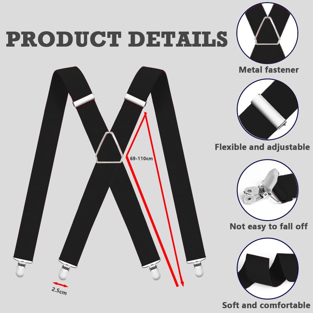 WOXVM Mens Suspenders Adjustable Braces with 4 Strong Metal Large, Black
