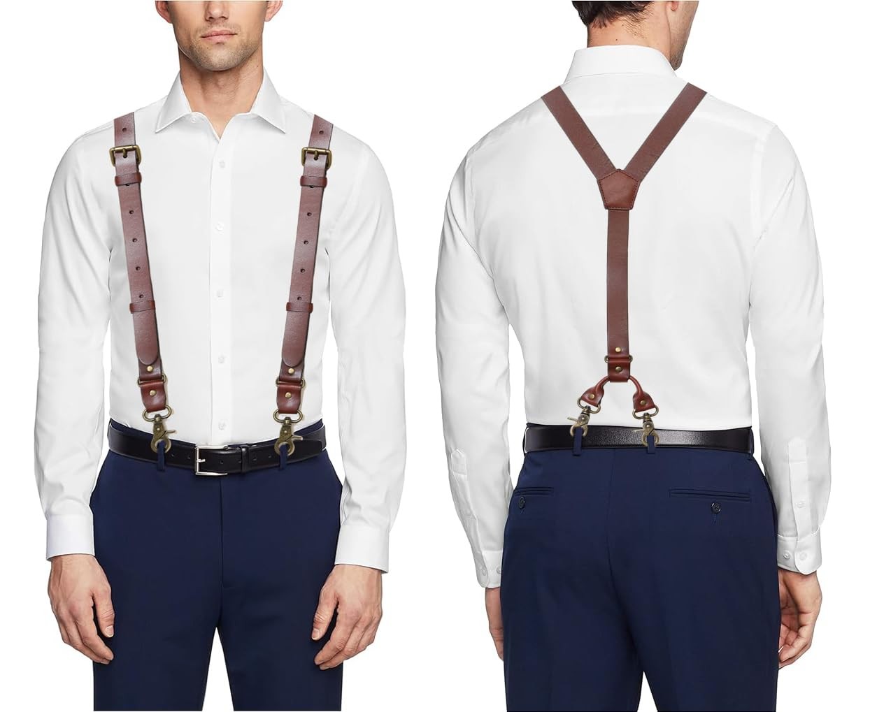 MUNION Leather Mens Suspenders Large, Red Brown for Men