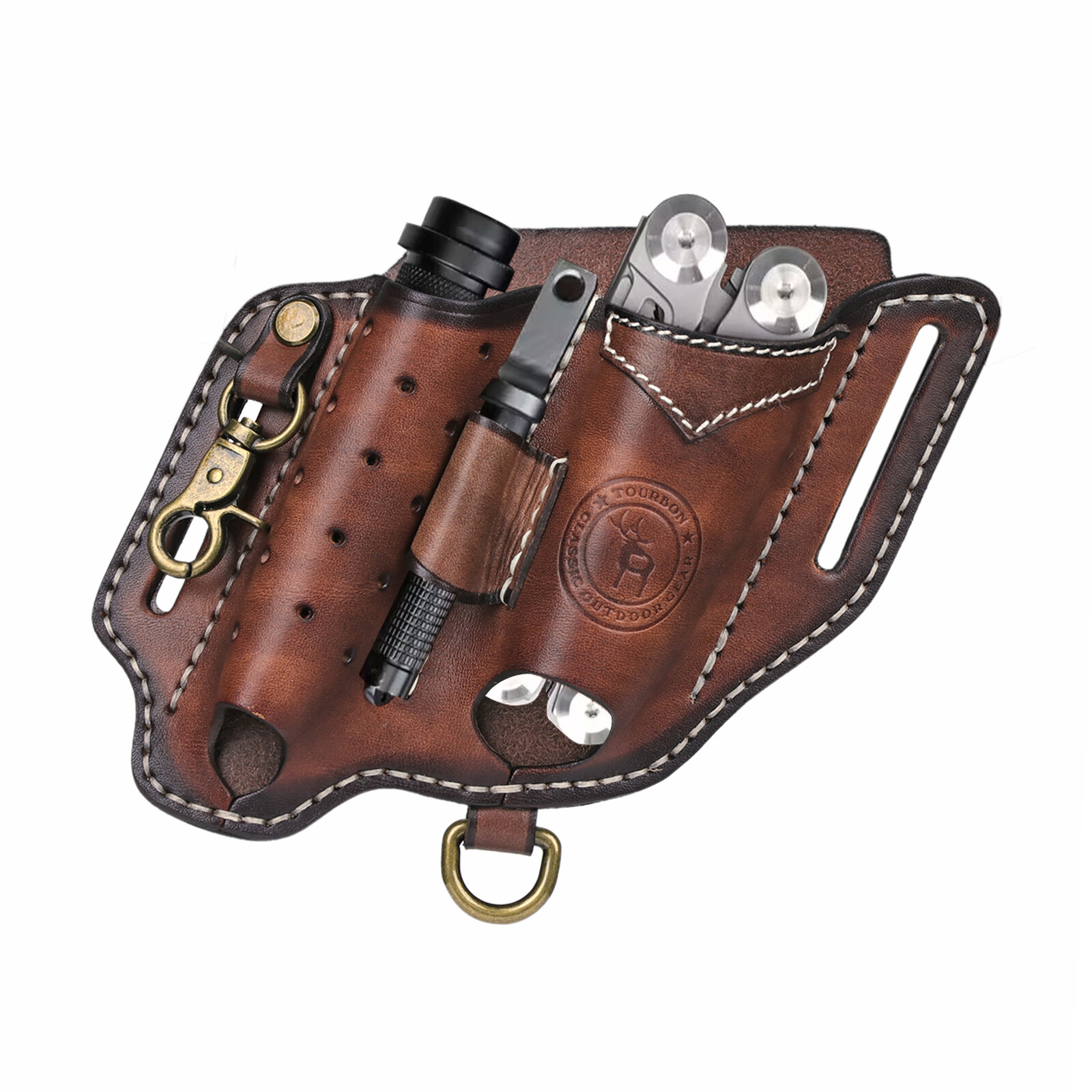 Tourbon Leather EDC Multitool Sheath Flashlight Holder Pen Belt Holster Camping