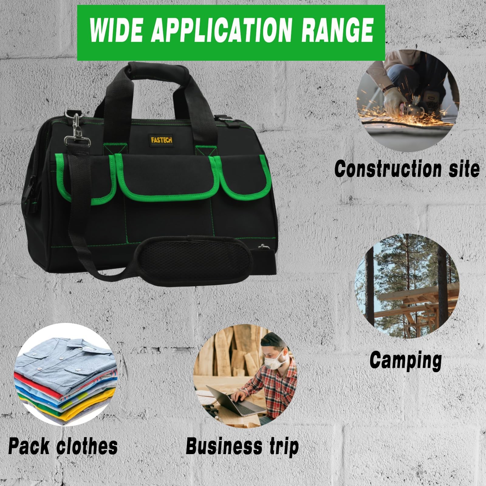 FASTECH 20 Inch Tool Bag With Comfortable Shoulder Straps, 20IN, Green