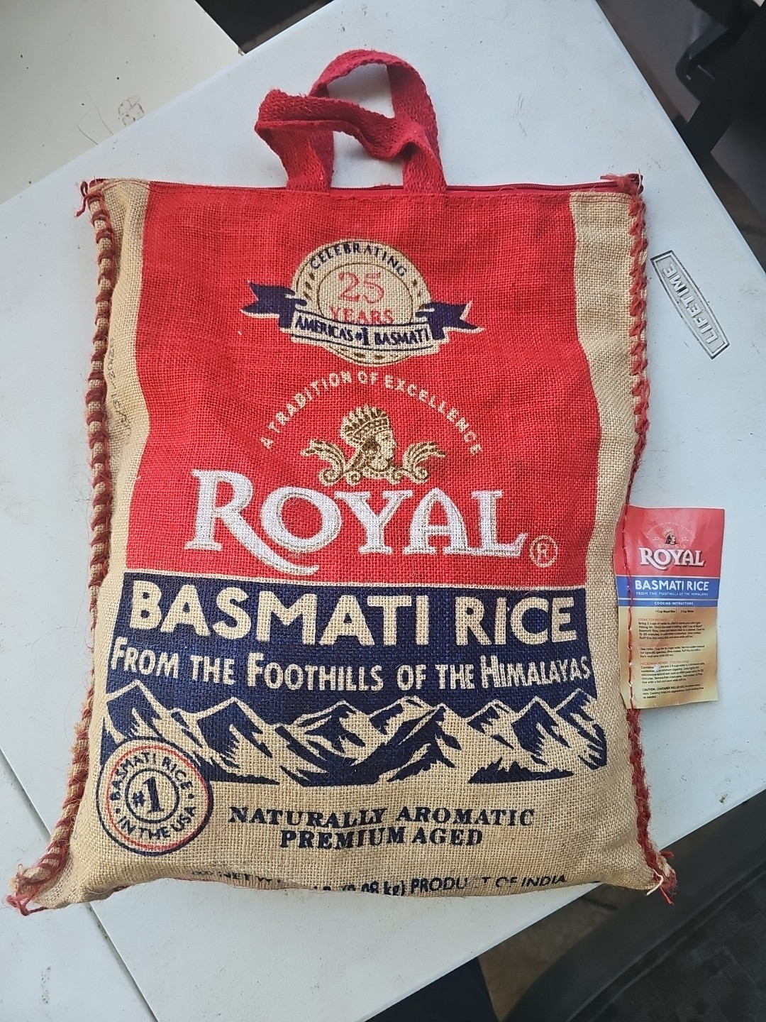 Empty 20 Lb Royal Basmati Rice Burlap Bag with Zipper and Handles / Bag only 