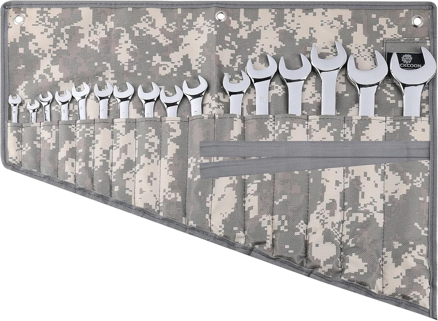 16 Pocket Wrench Roll Organizer—Rolled Tool Pouch Bag—Light Camouflage