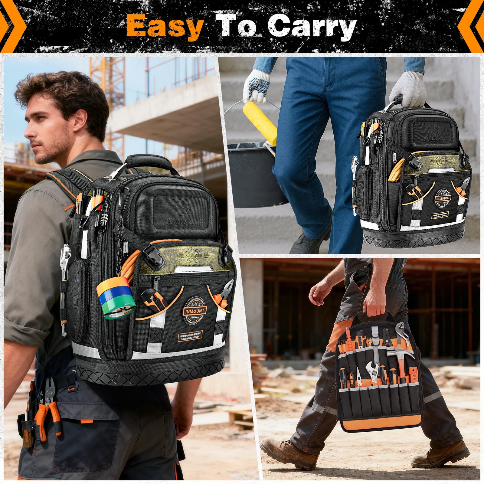 Tool Backpack Bag, HVAC Heavy Duty Construction 15.1″L x 7.8″W x 19″H, Black
