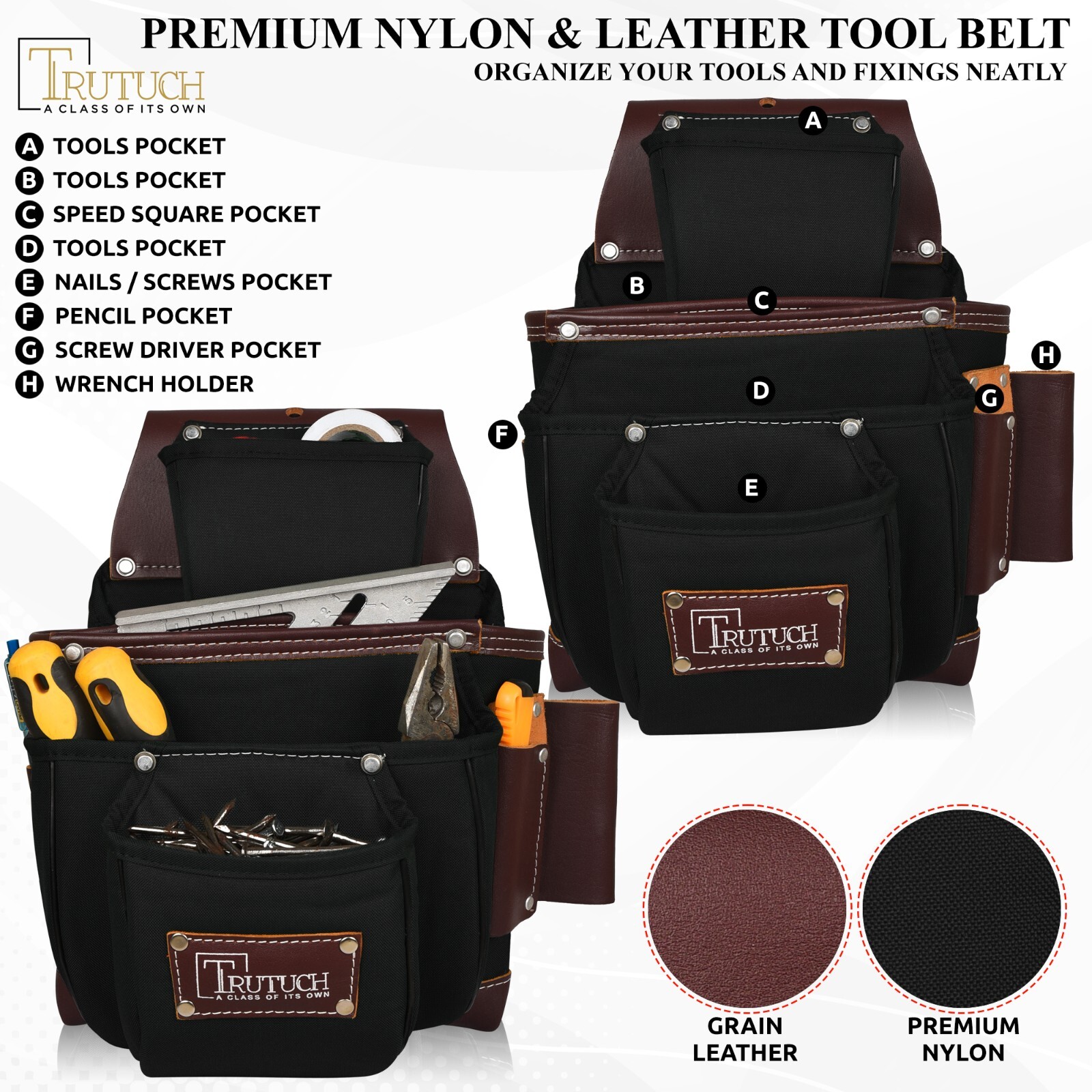 TRUTUCH Black Nylon & Leather Tool Belt with Nylon Work Suspender | Tool Belts