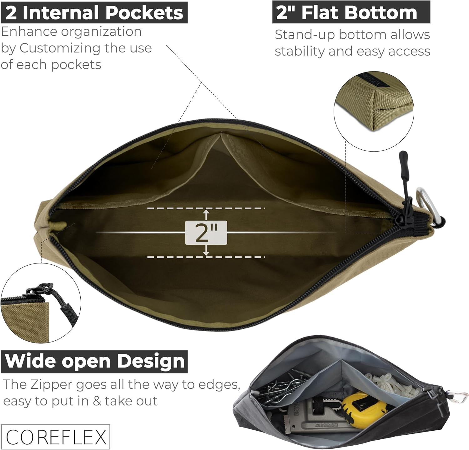 Heavy-Duty 3-Pack Tool Pouch Set with YKK Zipper, Flat Bottom Design, 12-Inch