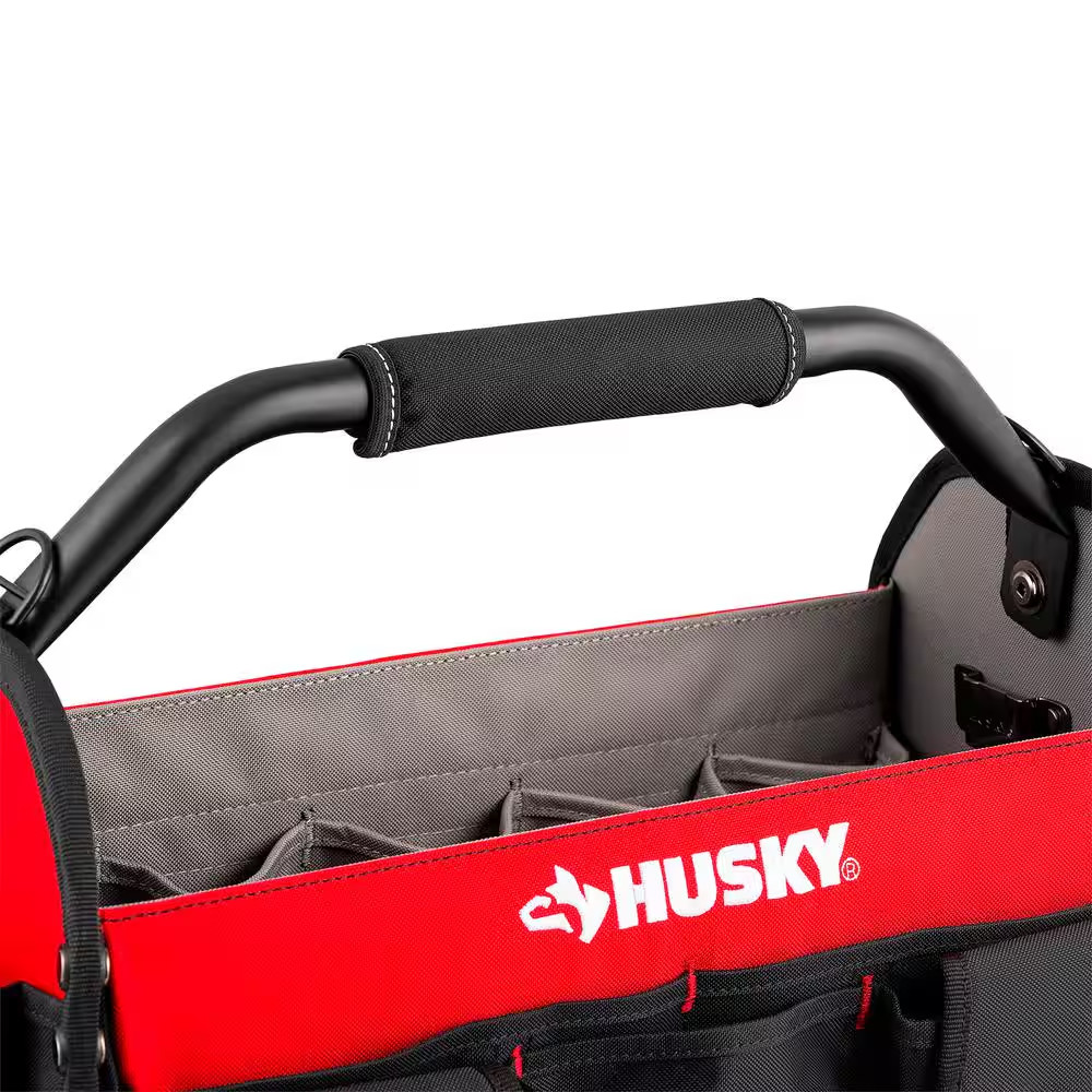 Husky Tool Bag 17 in 18 Pocket Open Top Padded Handle Weatherproof Polypropylene