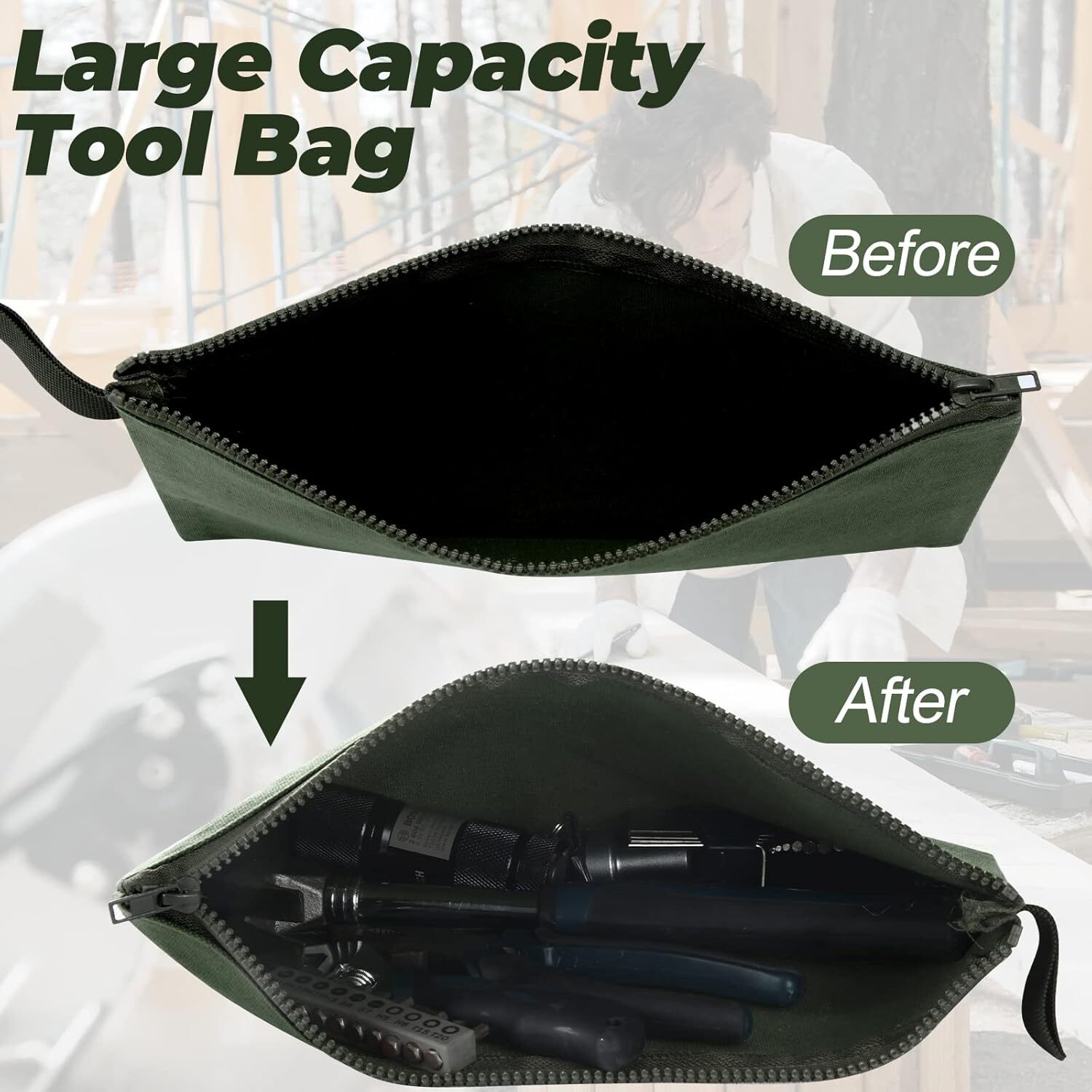 12 Pcs Canvas Tool Bag Pouch 16 oz Heavy Duty Tool Zipper Pouch Bag 11.81 x 7